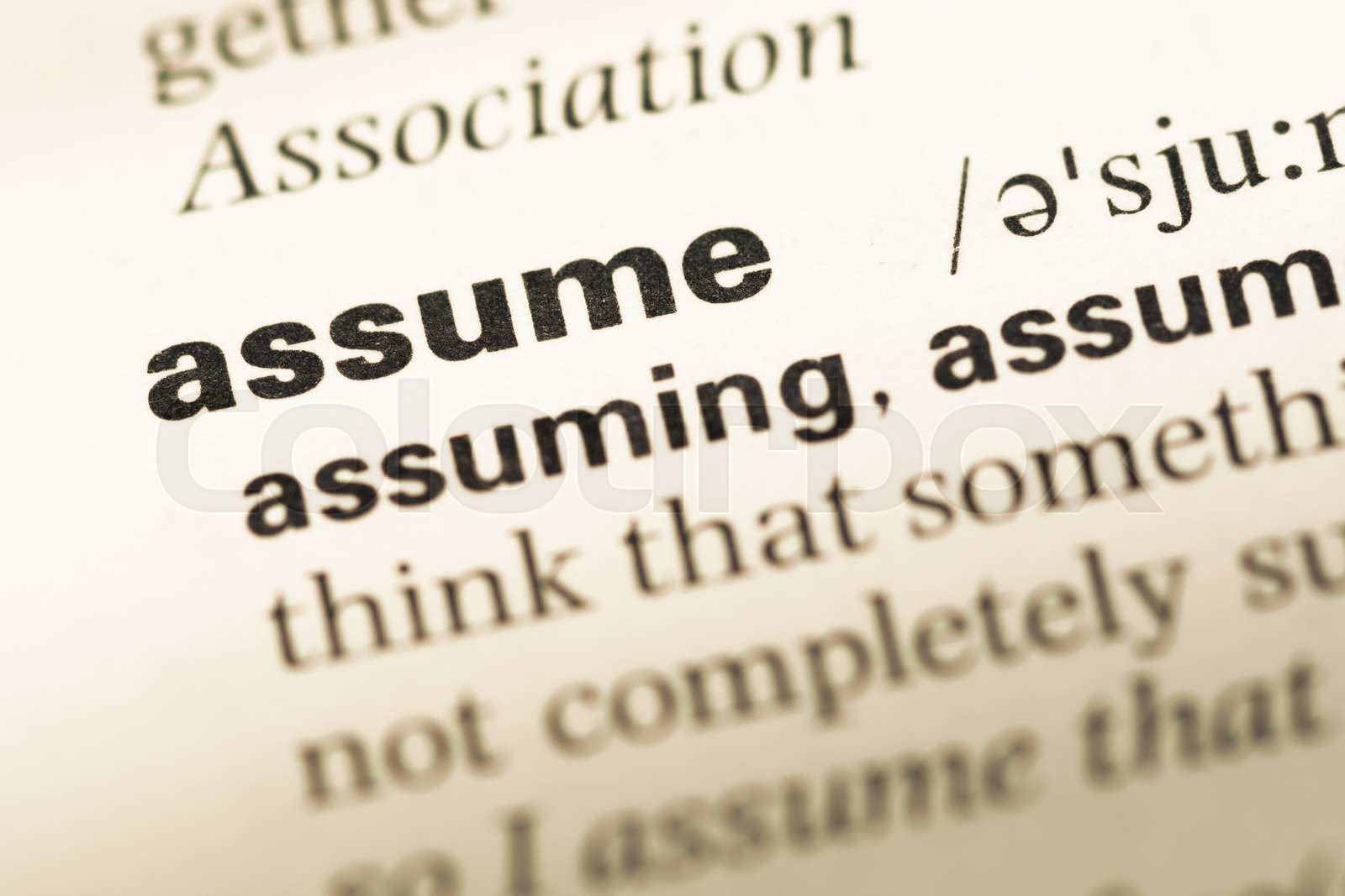 Close Up Of Old English Dictionary Page With Word Assume Stock Image Colourbox