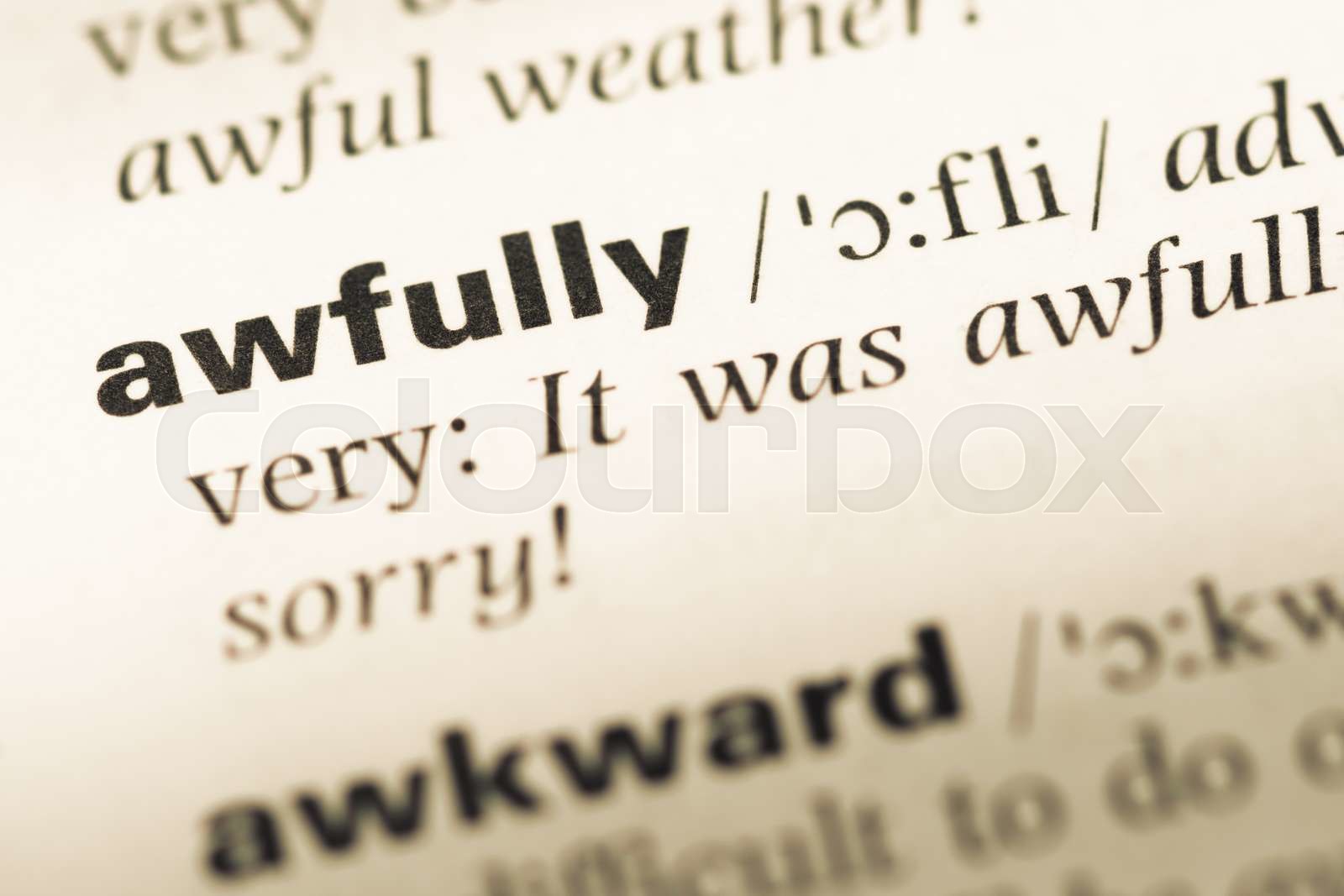 Close Up Of Old English Dictionary Page With Word Awfully Stock Image Colourbox