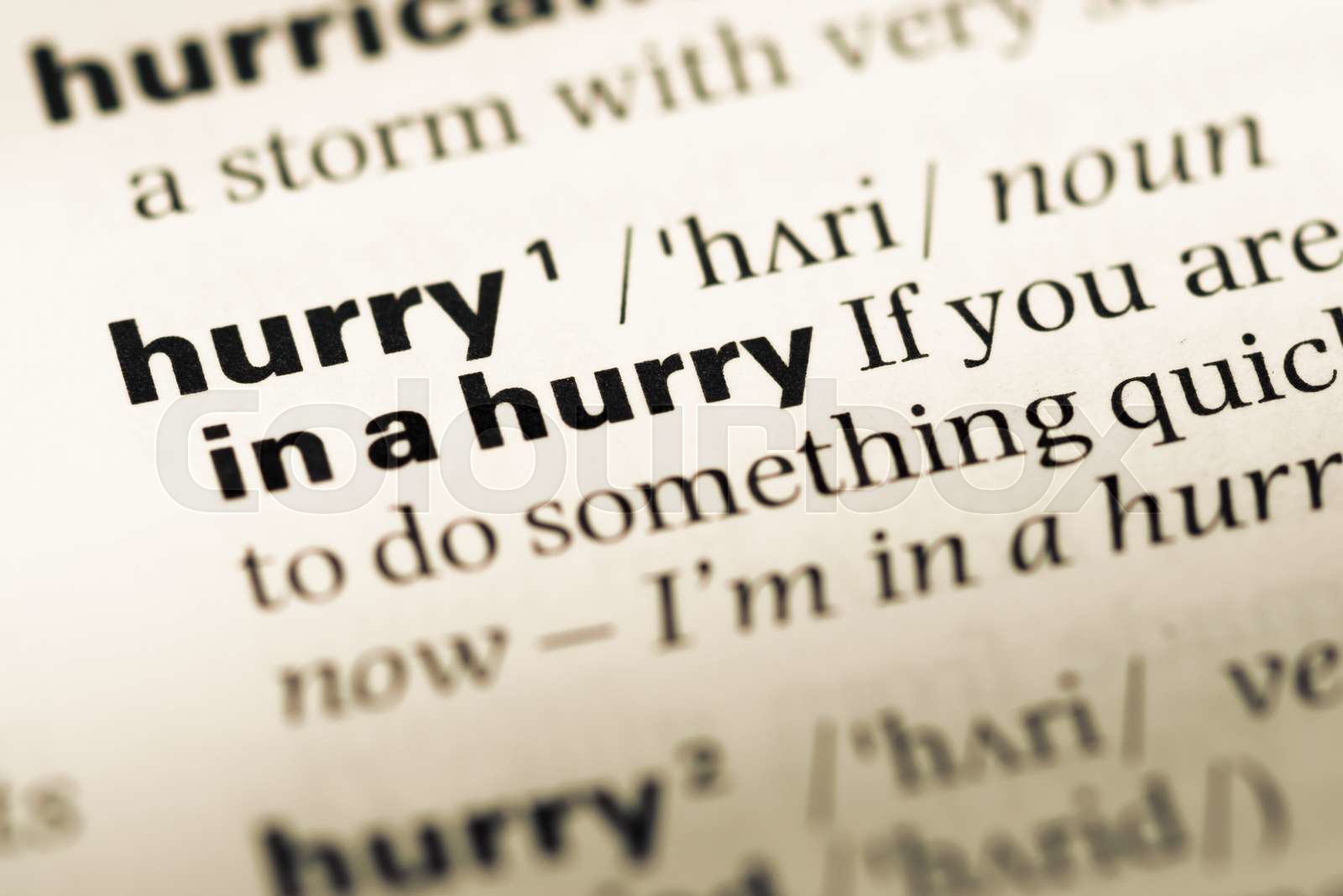 Close up of old English dictionary page with word hurry. | Stock image ...