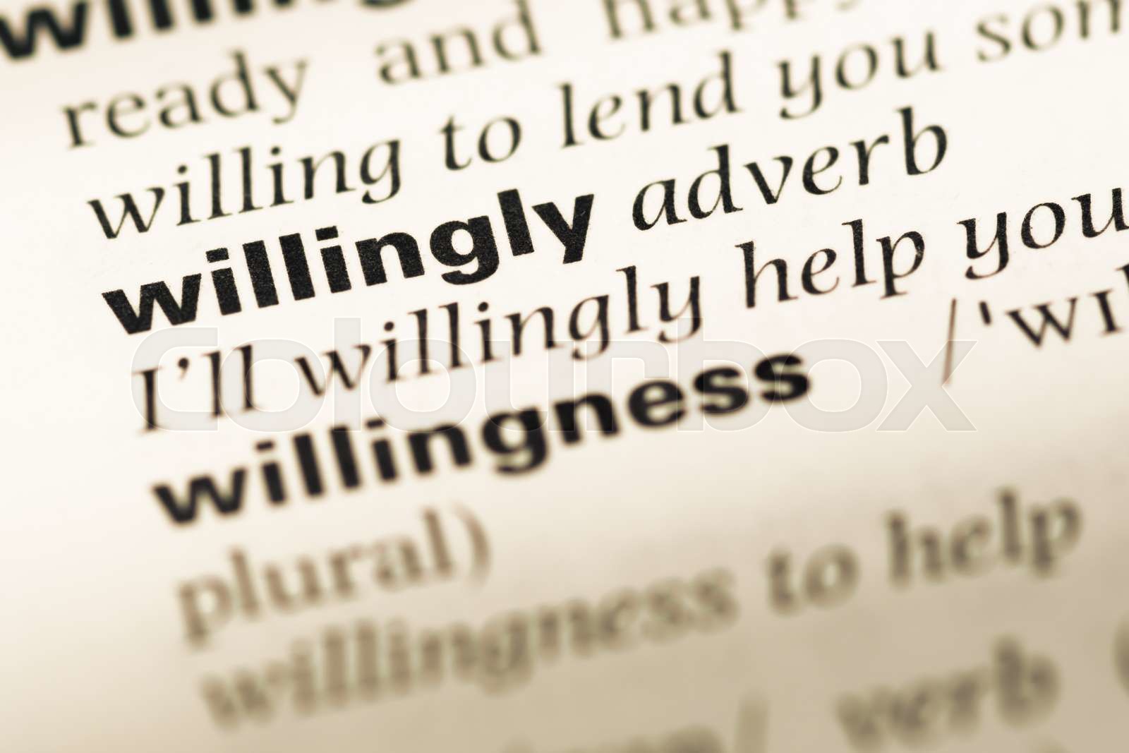Close Up Of Old English Dictionary Page With Word Willingly Stock 