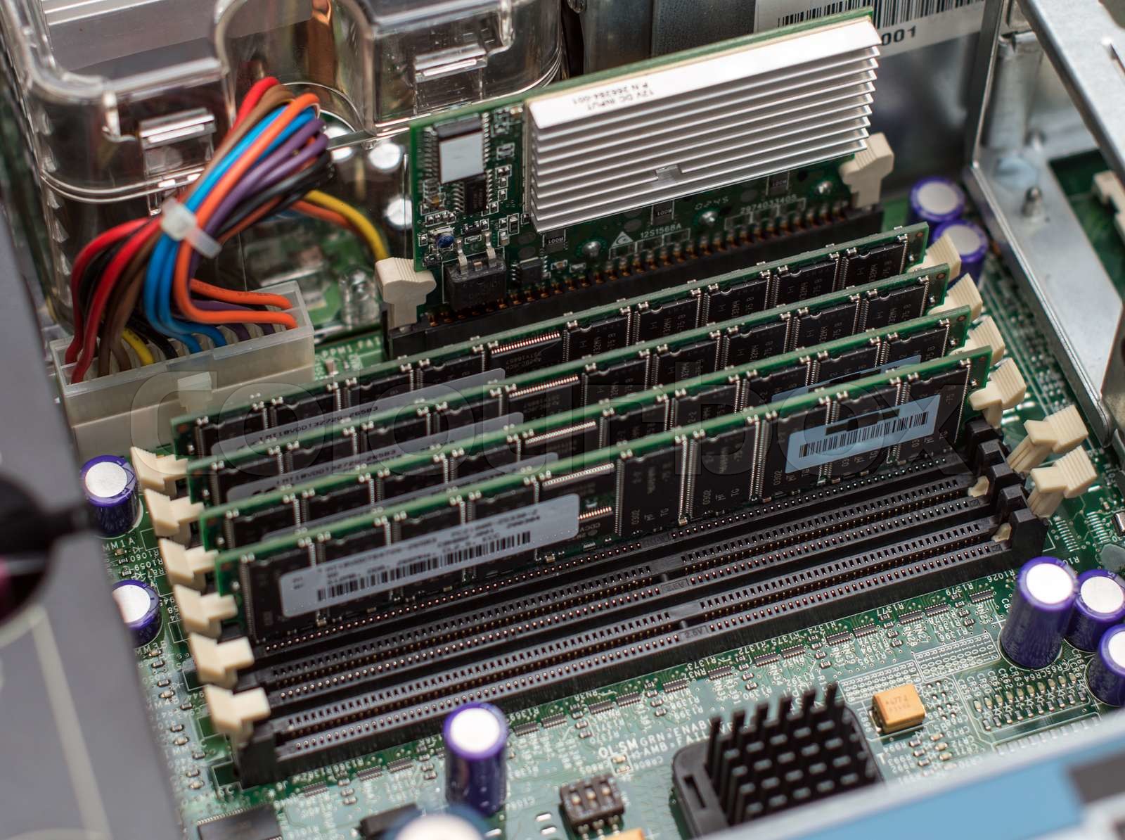 Inside of server pc. Motherboard and RAM memory. | Stock image | Colourbox