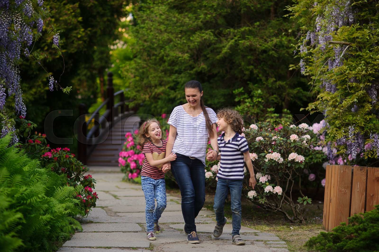 Young mother walks in the park with two children | Stock image | Colourbox