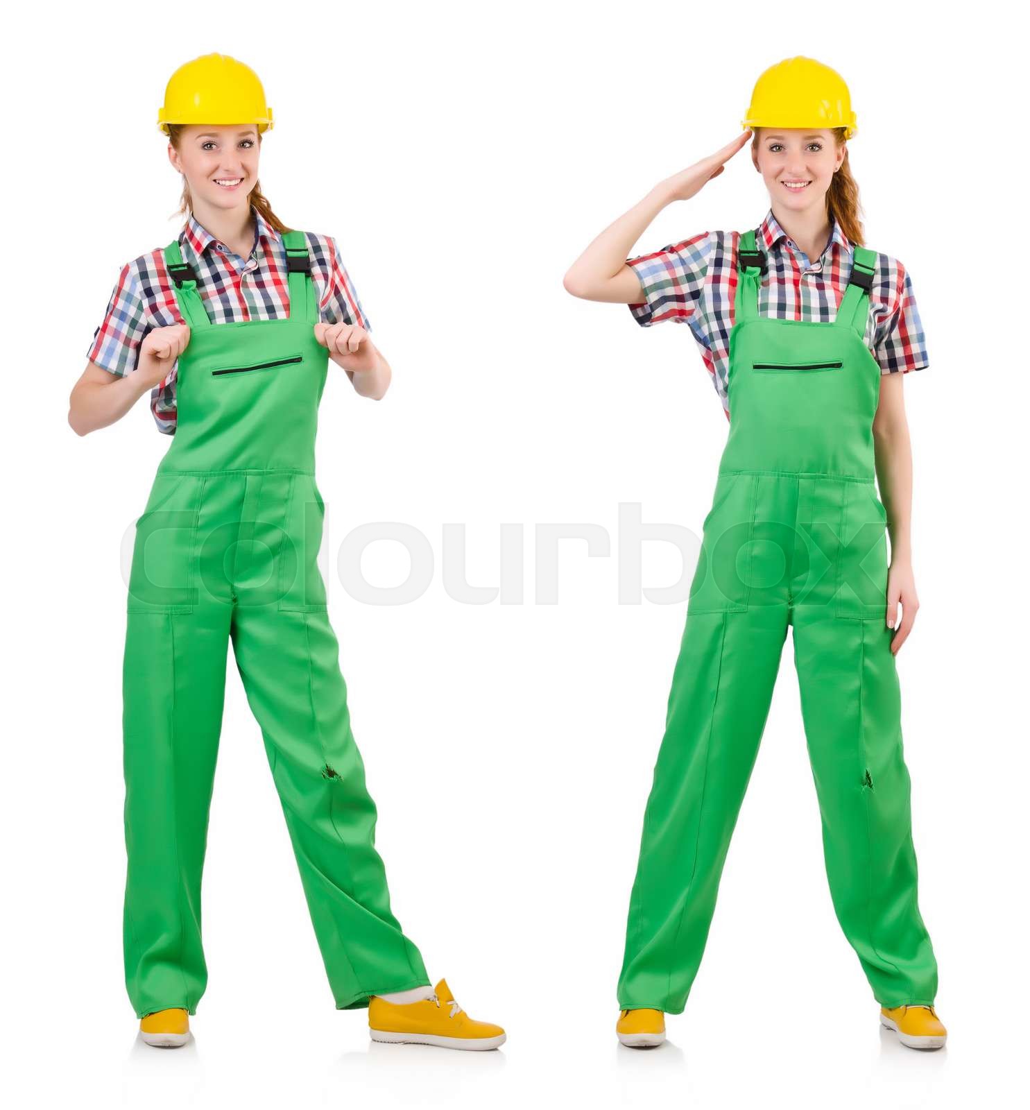 Woman in green coveralls isolated on white | Stock image | Colourbox