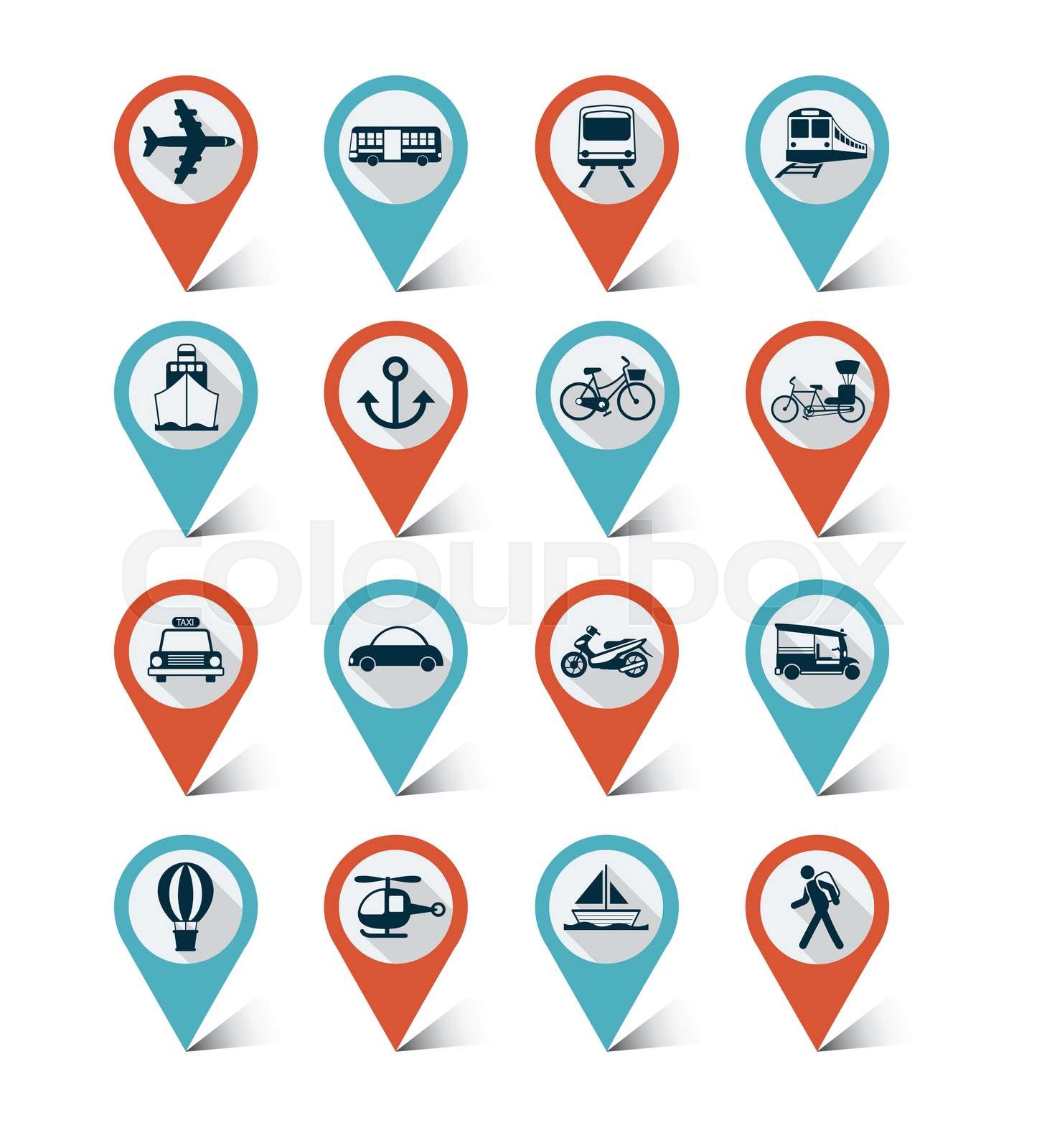 Map markers icons set Transportation, Trips & Travel Stock vector