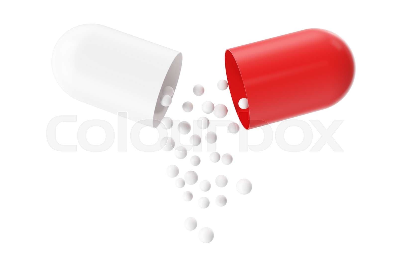 Opened red white pill capsule with white granules. 3d illustration ...