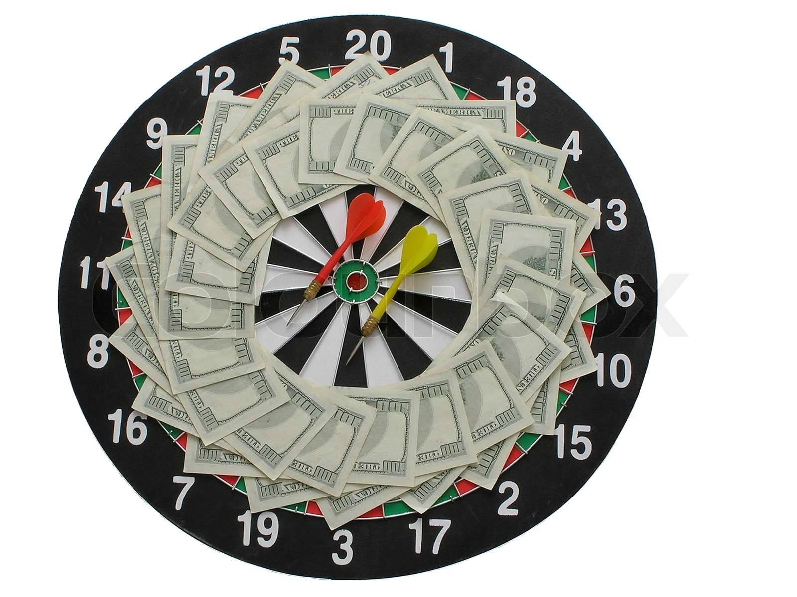On a photo a board for a darts. On which money and darts. The photo is