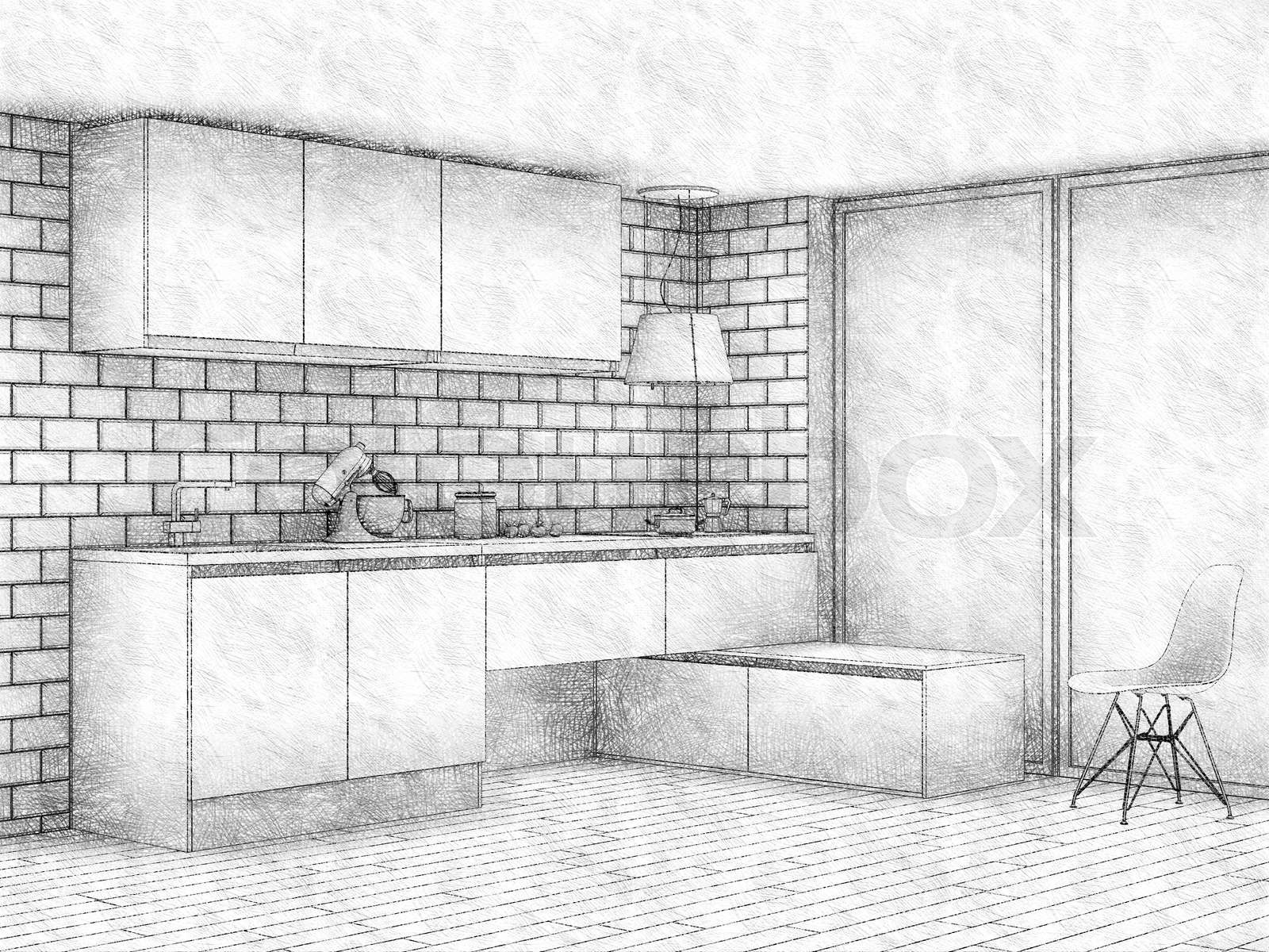 Pencil sketch of modern kitchen interior with big window | Stock image | Colourbox