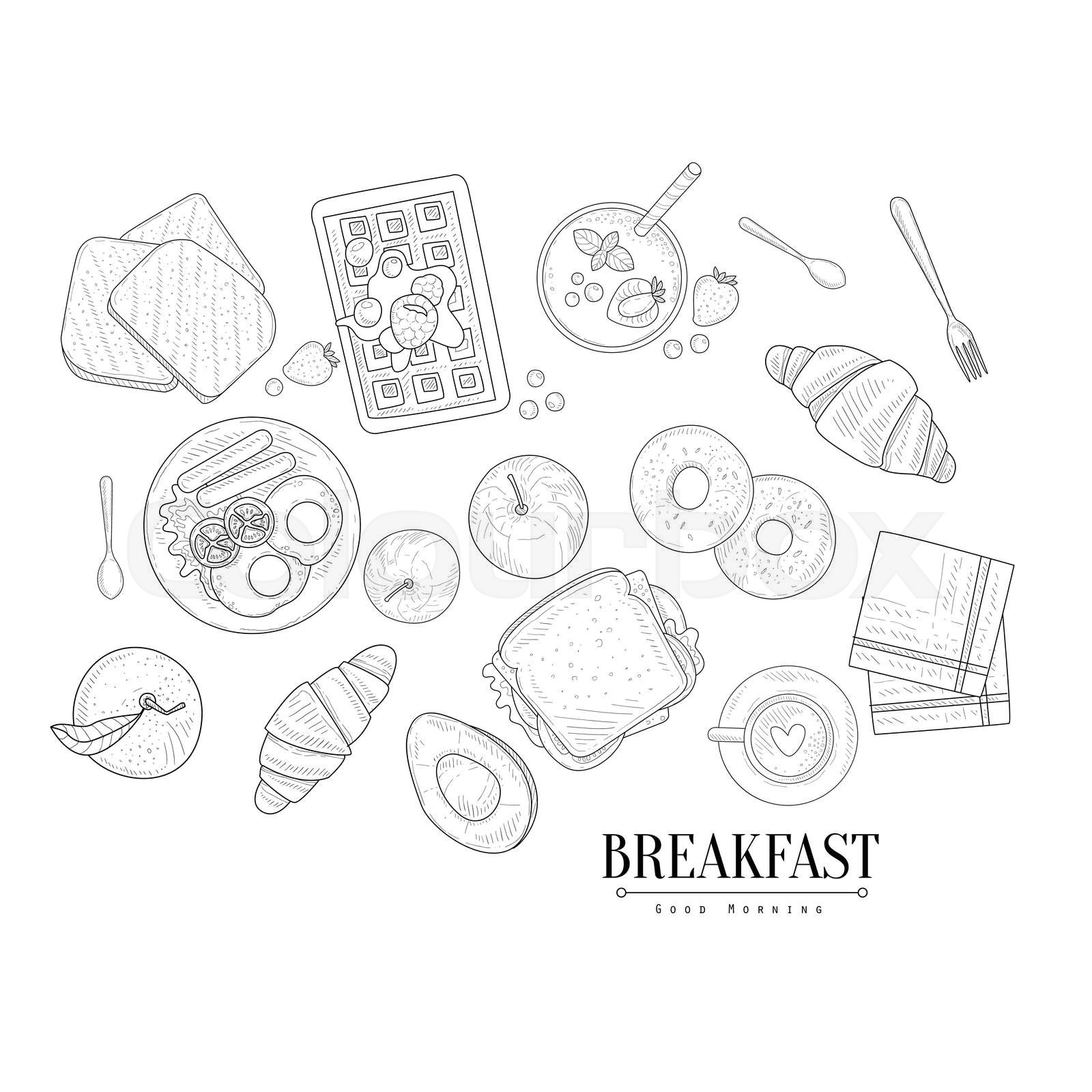 Breakfast Food Isolated Drawings Set Hand Drawn Realistic Sketch