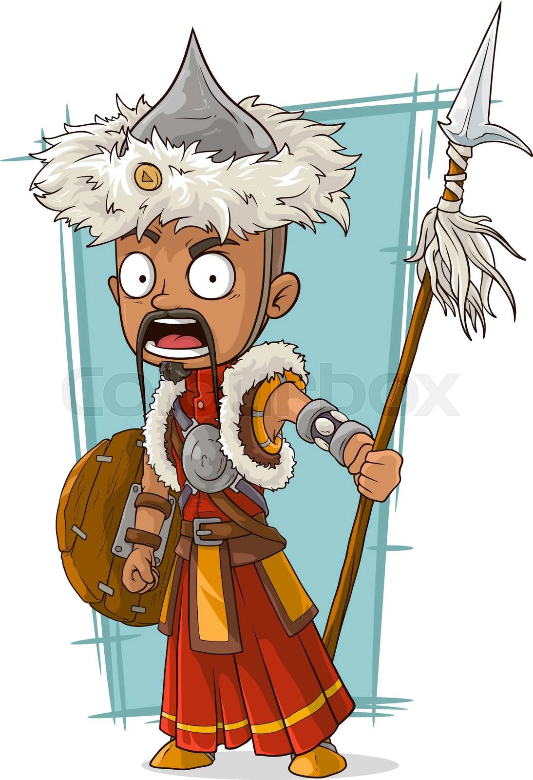 Cartoon crazy Mongolian warrior with spear | Stock vector | Colourbox
