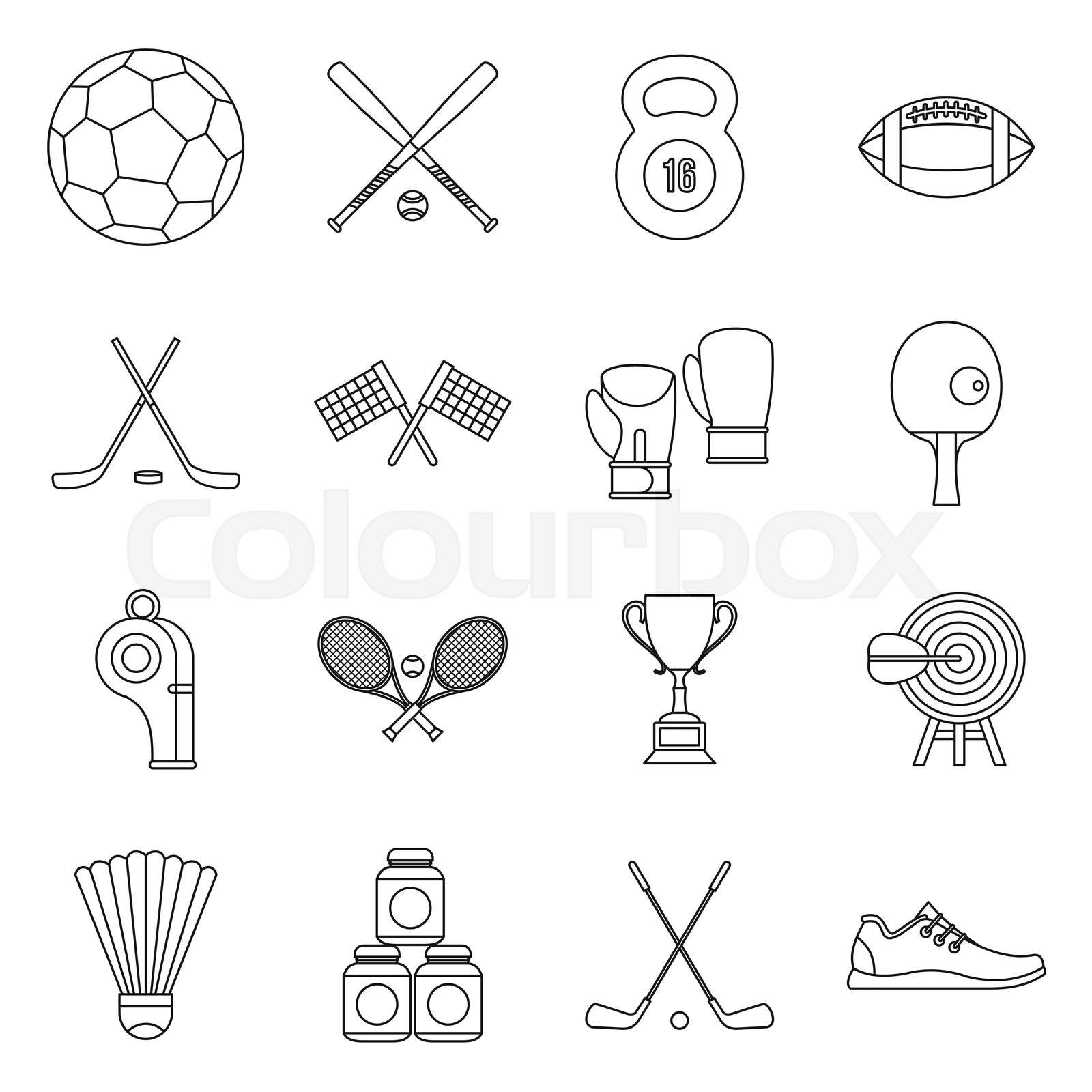 Sport equipment icons set, outline style Stock vector Colourbox