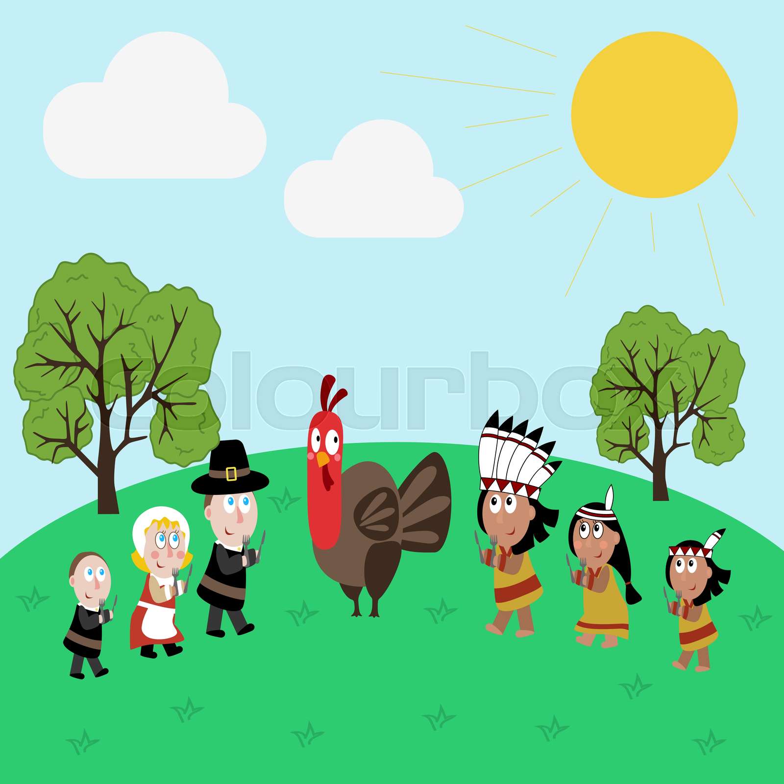 Pilgrims and indians illustration | Stock vector | Colourbox