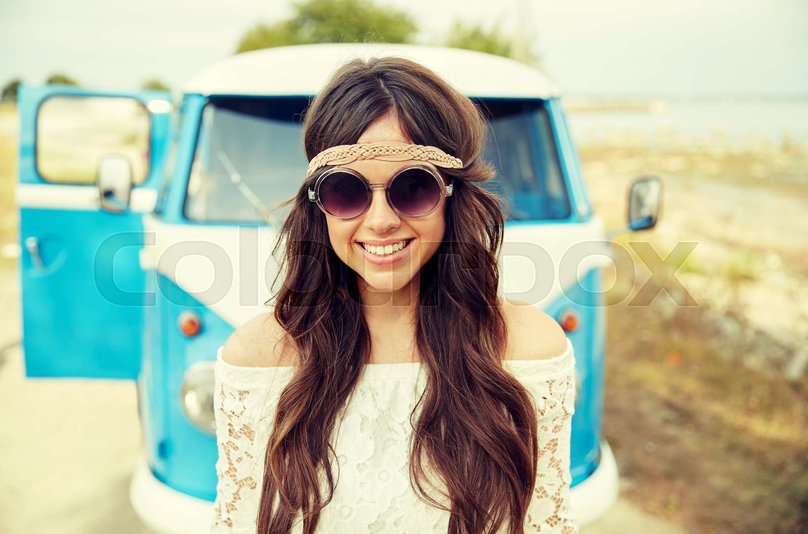 Smiling Young Hippie Woman In Minivan Car Stock Image Colourbox