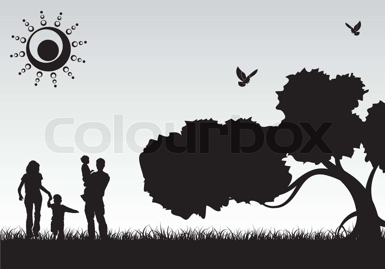 Silhouette Family on Background with Tree and grass, element for design