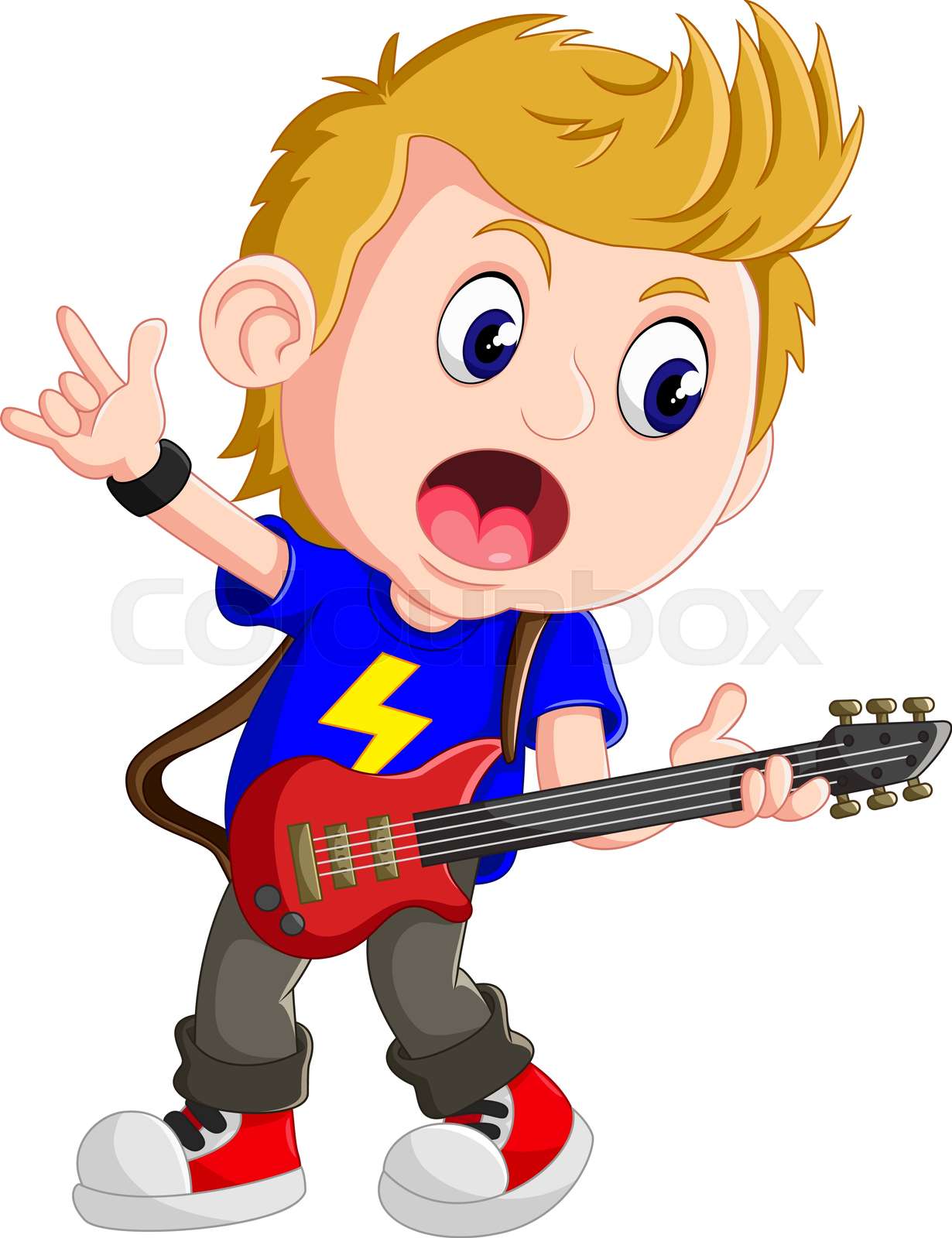 Cartoon singing happily while holding a guitar | Stock vector | Colourbox