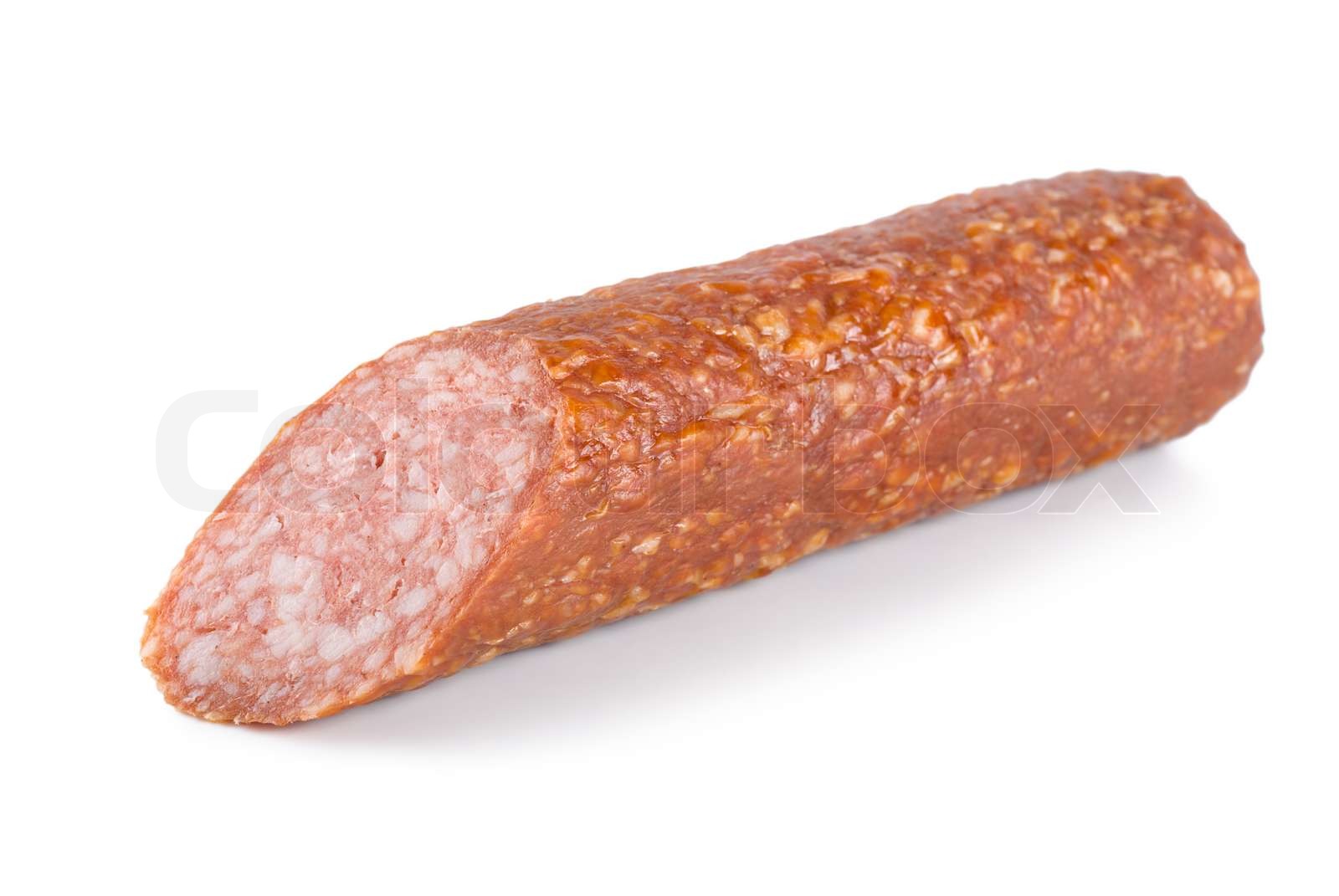 Geräucherte Wurst auf einem weißen Hintergrund | Stock Bild | Colourbox