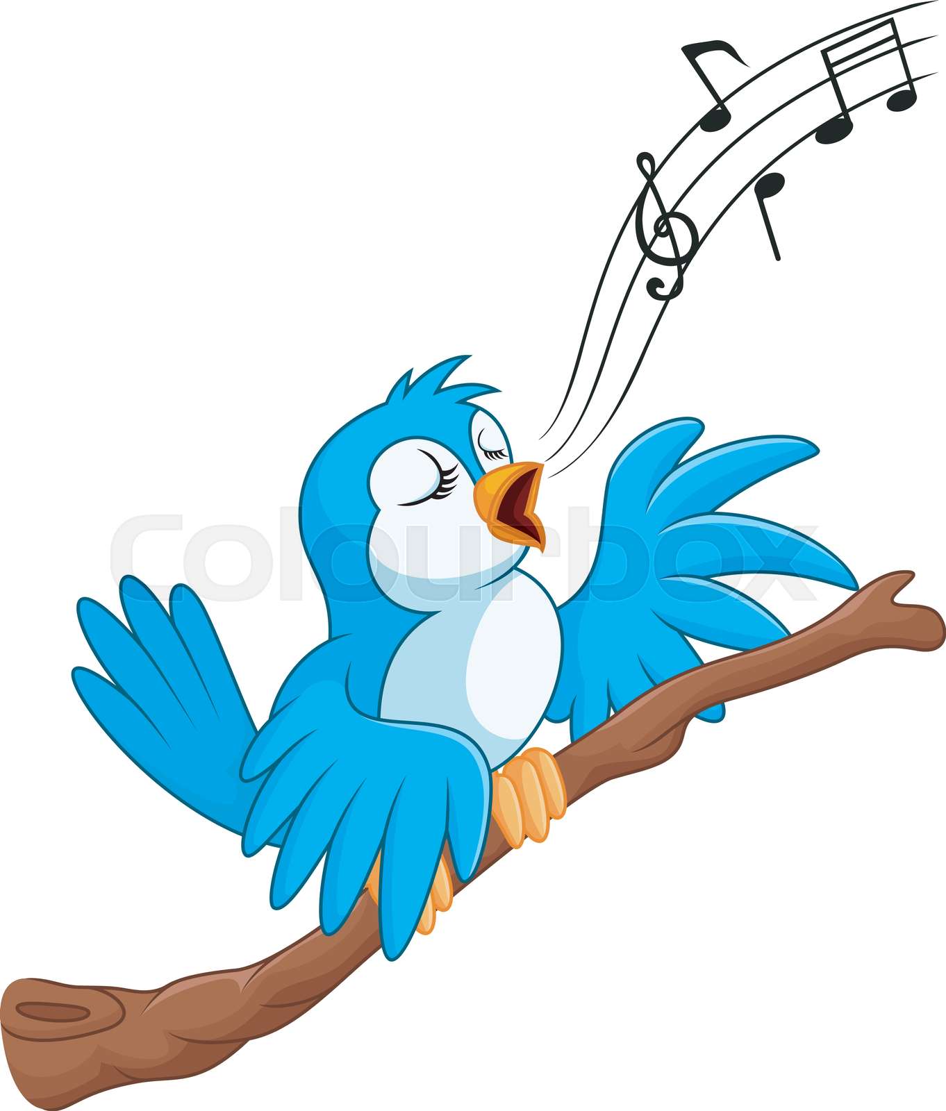 Cartoon bird sing on the branch | Stock vector | Colourbox