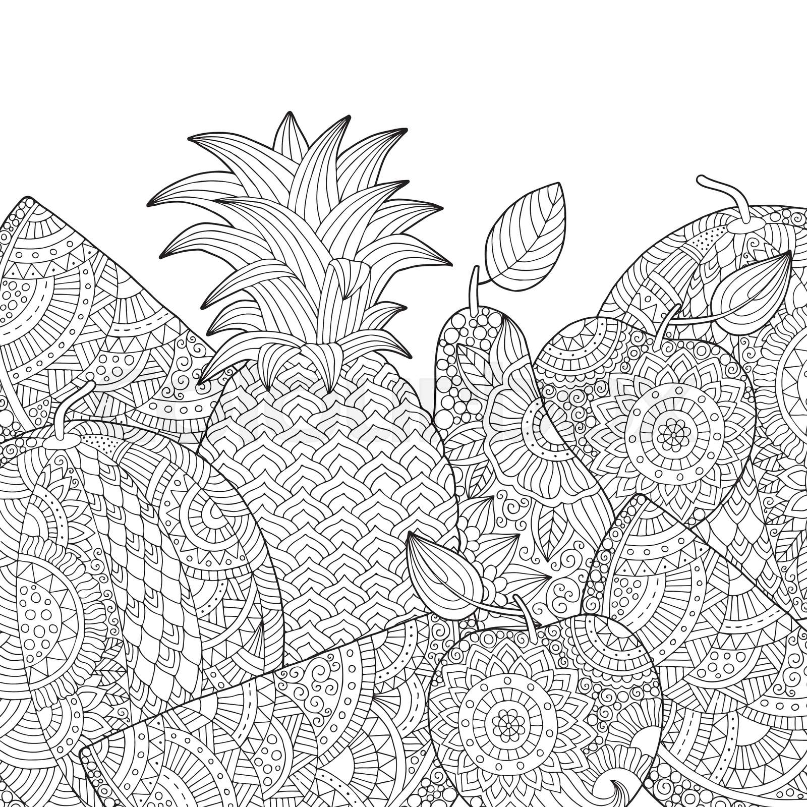 Vector hand drawn pineapple, watermelon, apple illustration for adult ...