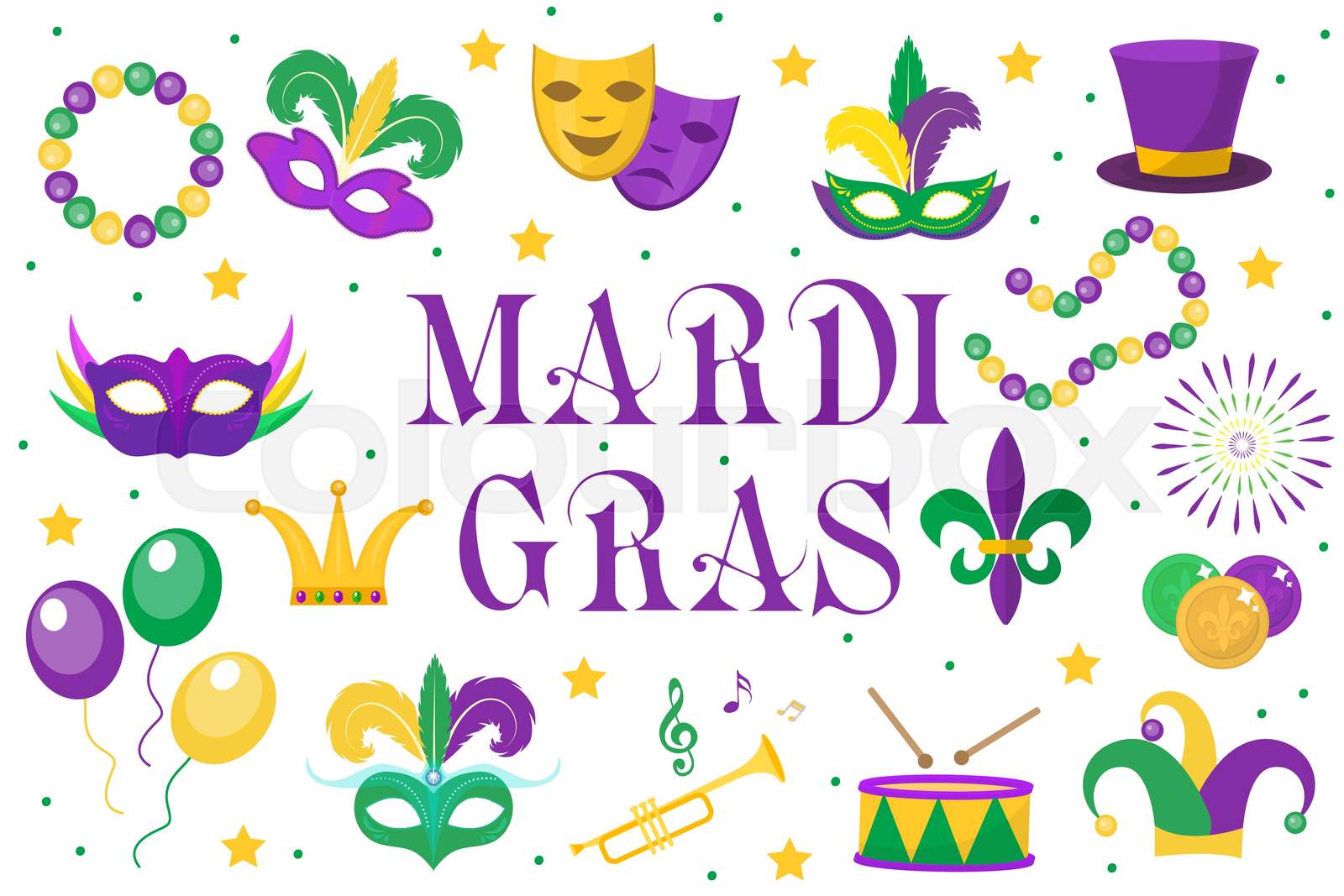 Mardi Gras carnival set icons, design element , flat style. Collection
