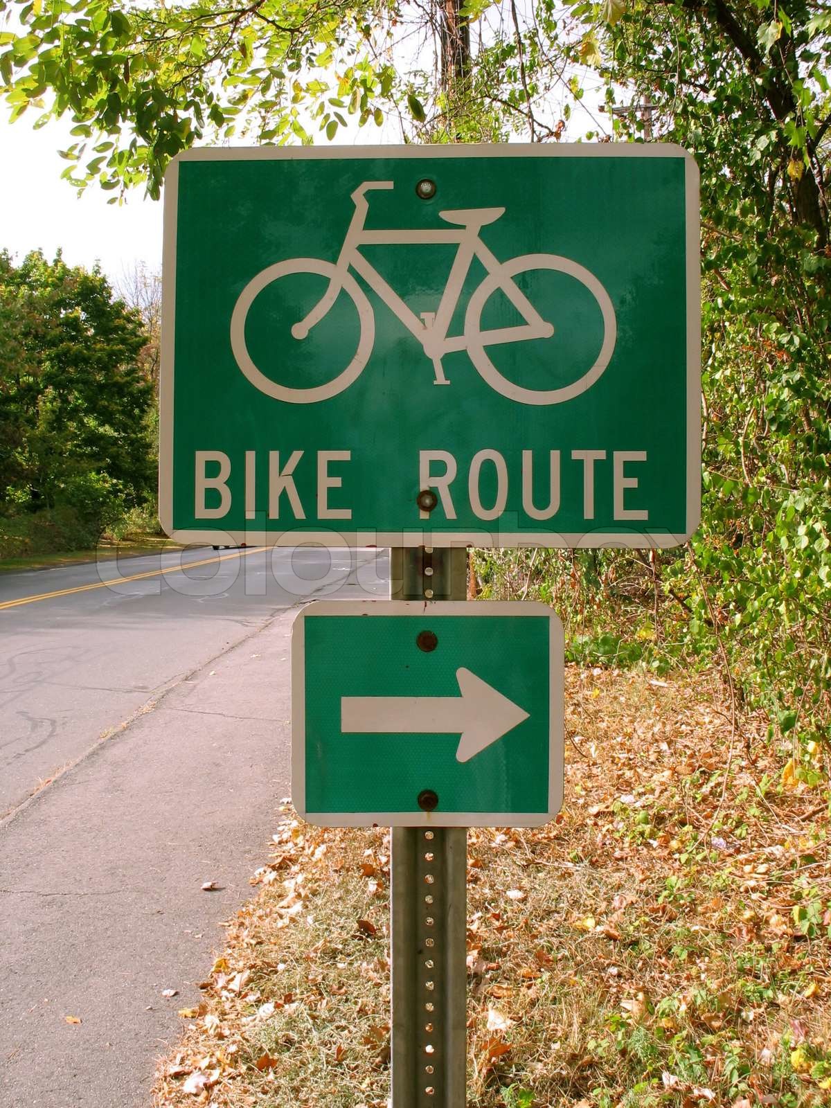 A Green Bike Route Sign On The Side Of The Path Stock Image Colourbox
