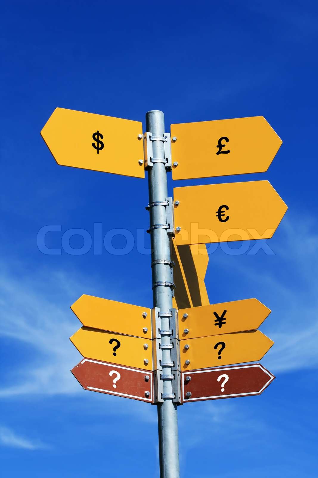"Which currency to choose for investment?" direction sign Stock image
