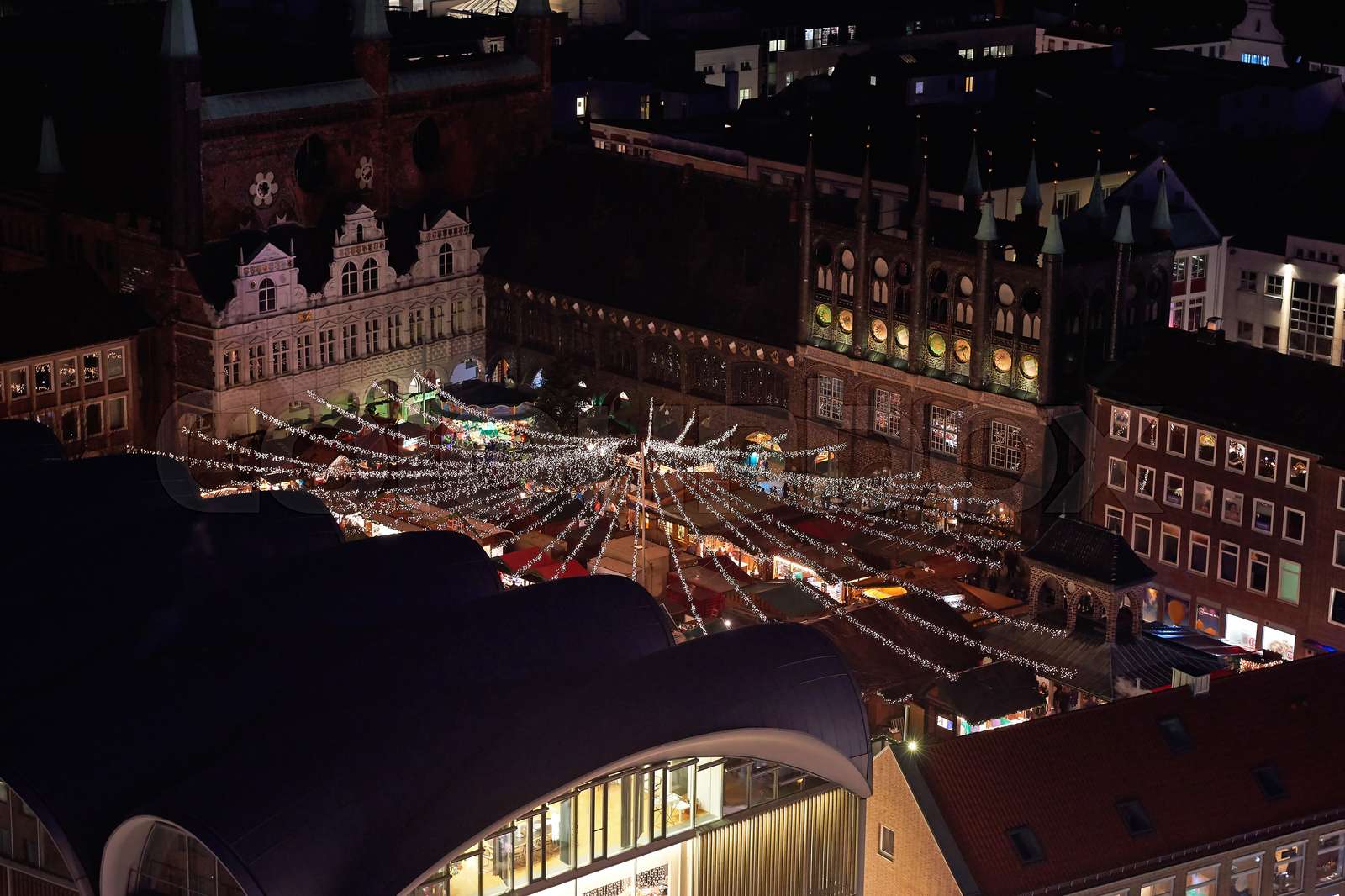 Aerial view of Lübeck christmas market at night Stock image Colourbox