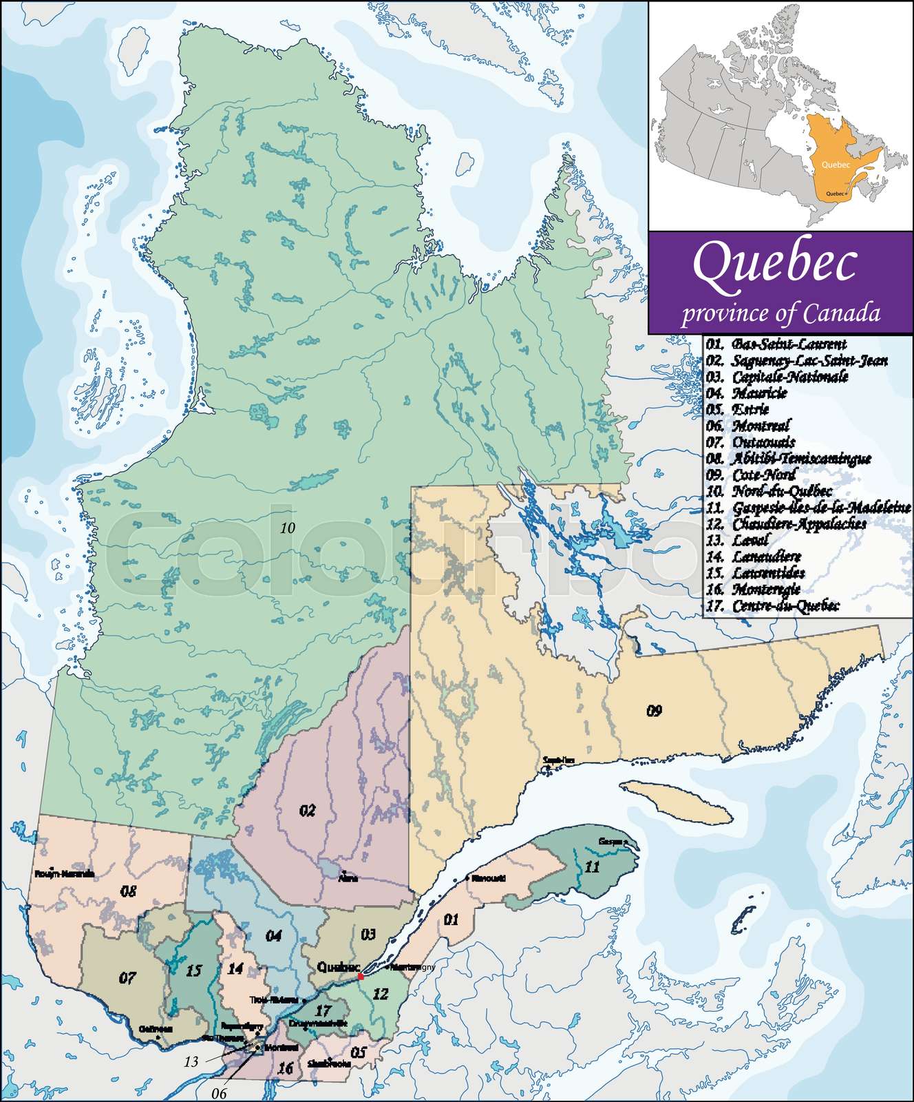 landkarte, quebec, verwaltungs StockVektor Colourbox