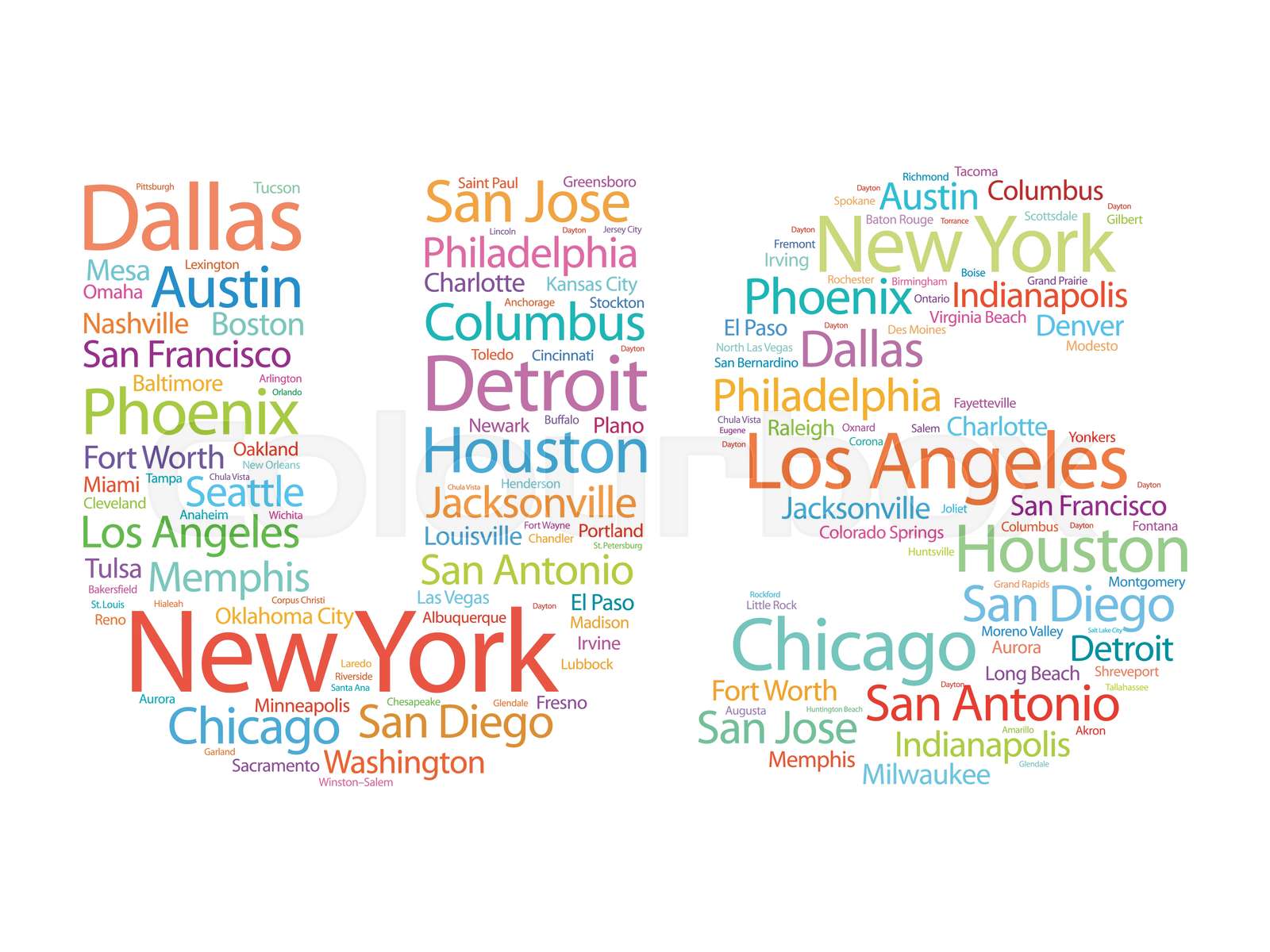 US letters with cities names words cloud | Stock vector | Colourbox