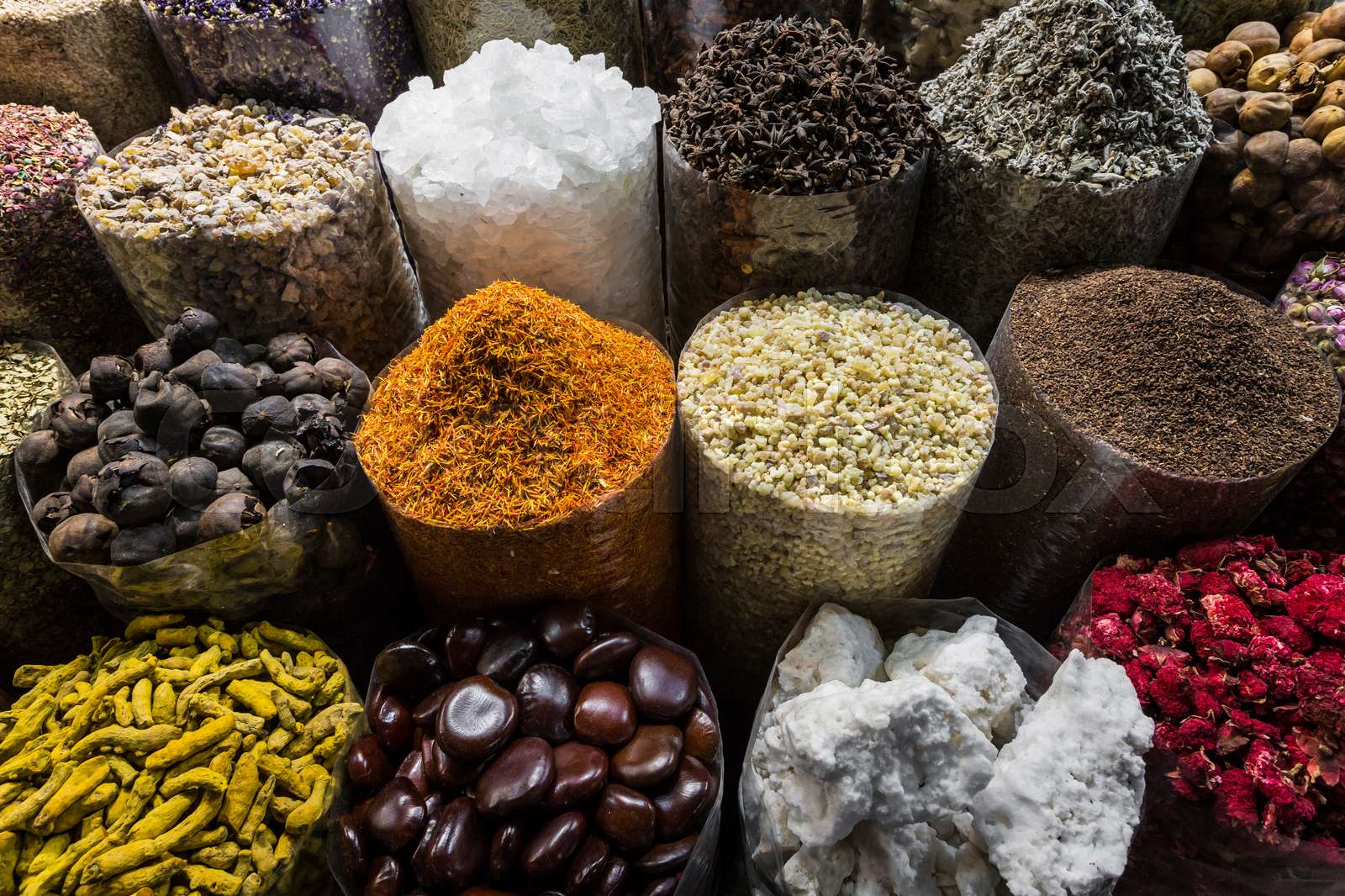 Dried herbs, flowers and arabic spices in the souk at Deira in Dubai