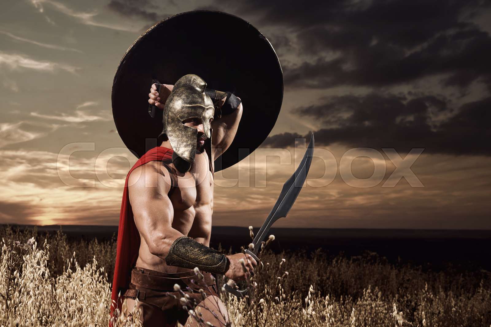 Spartan warrior going forward in attack with sword. | Stock image