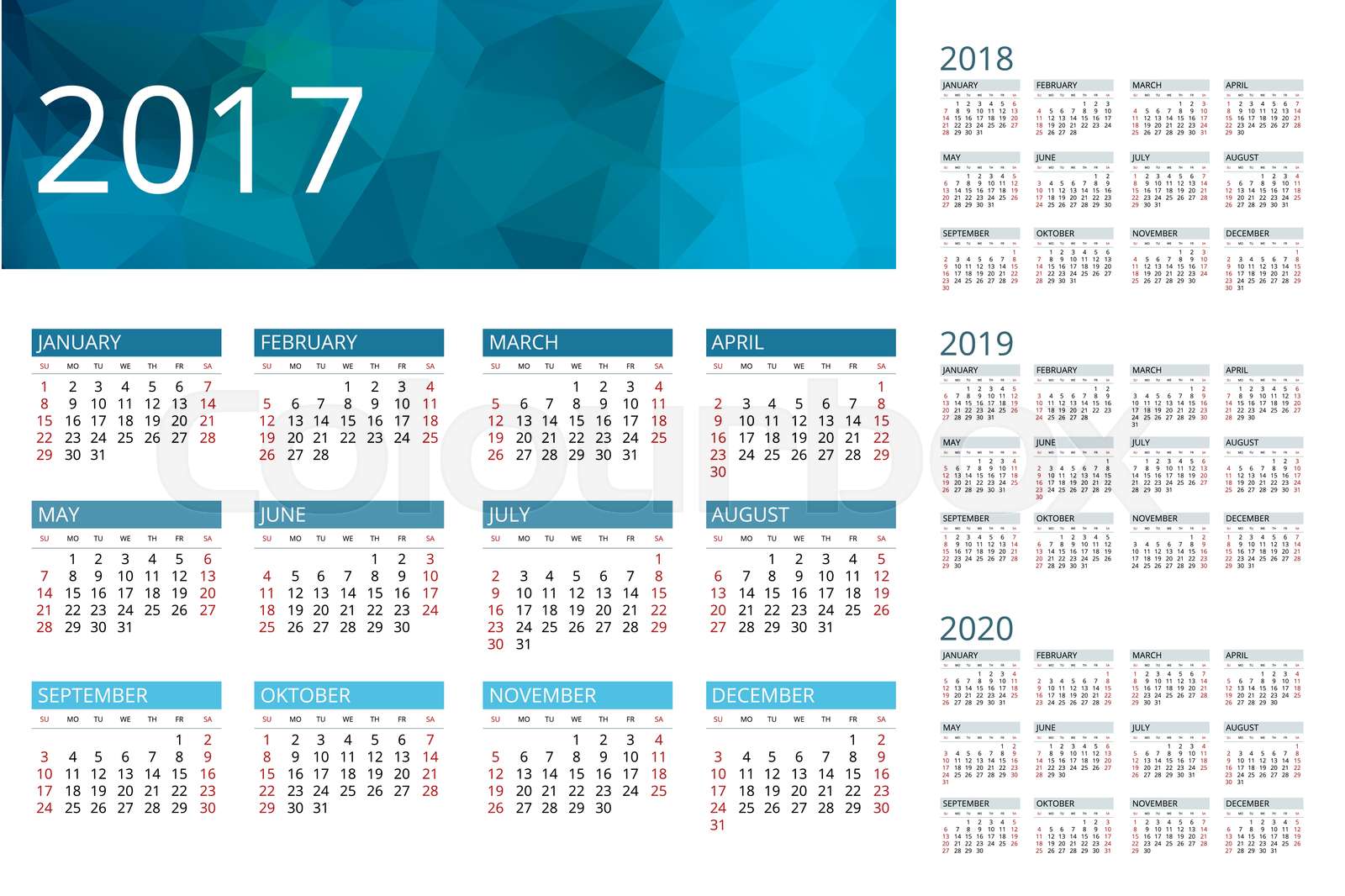 Calendar for 2017, 2018, 2019, 2020. | Stock vector | Colourbox
