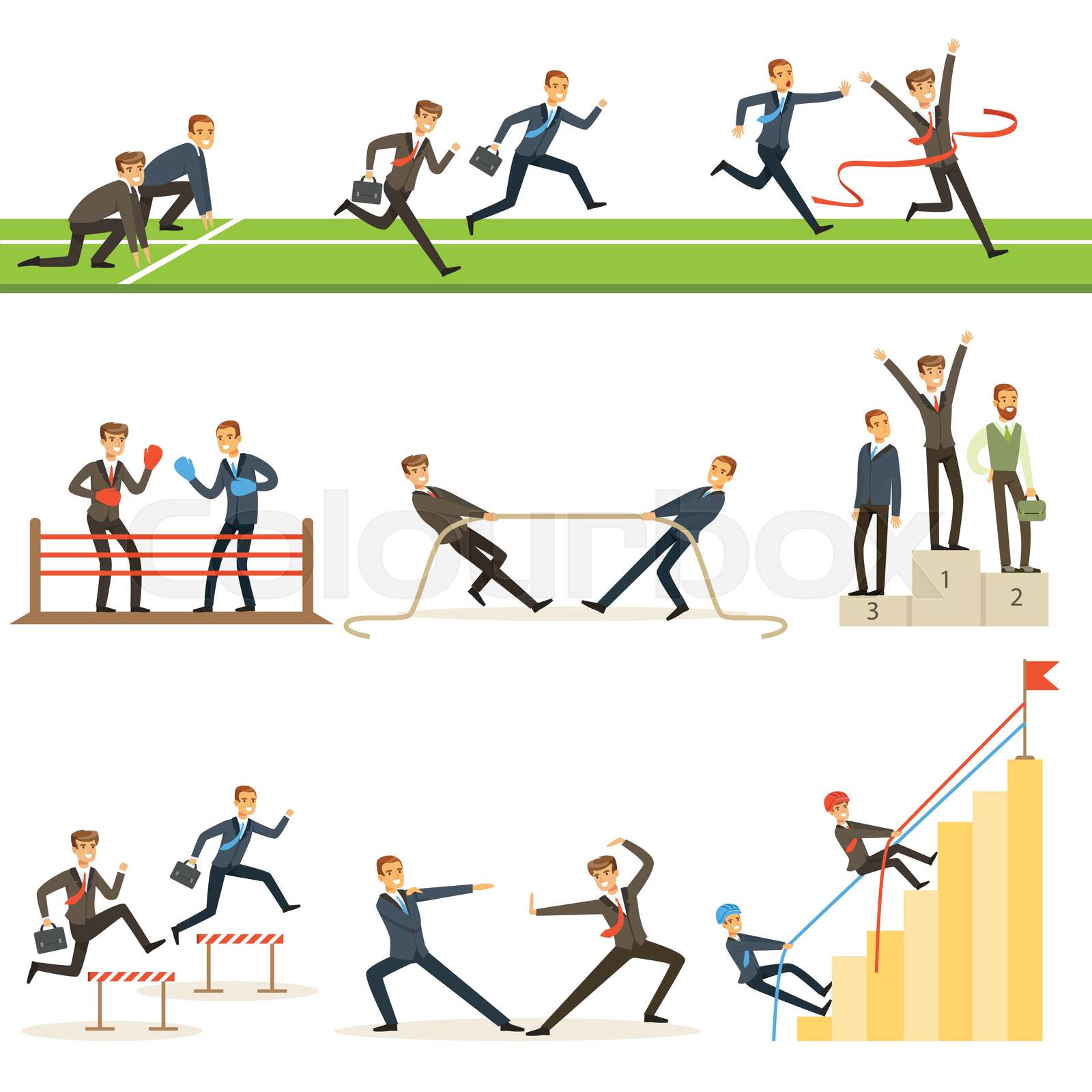 Business Competition Set Of Illustrations With Businessman Running And ...