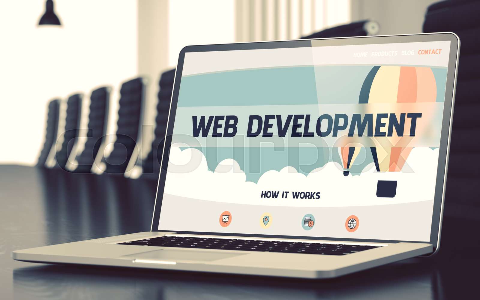 Web Development on Laptop in Conference Hall. 3D. | Stock image | Colourbox