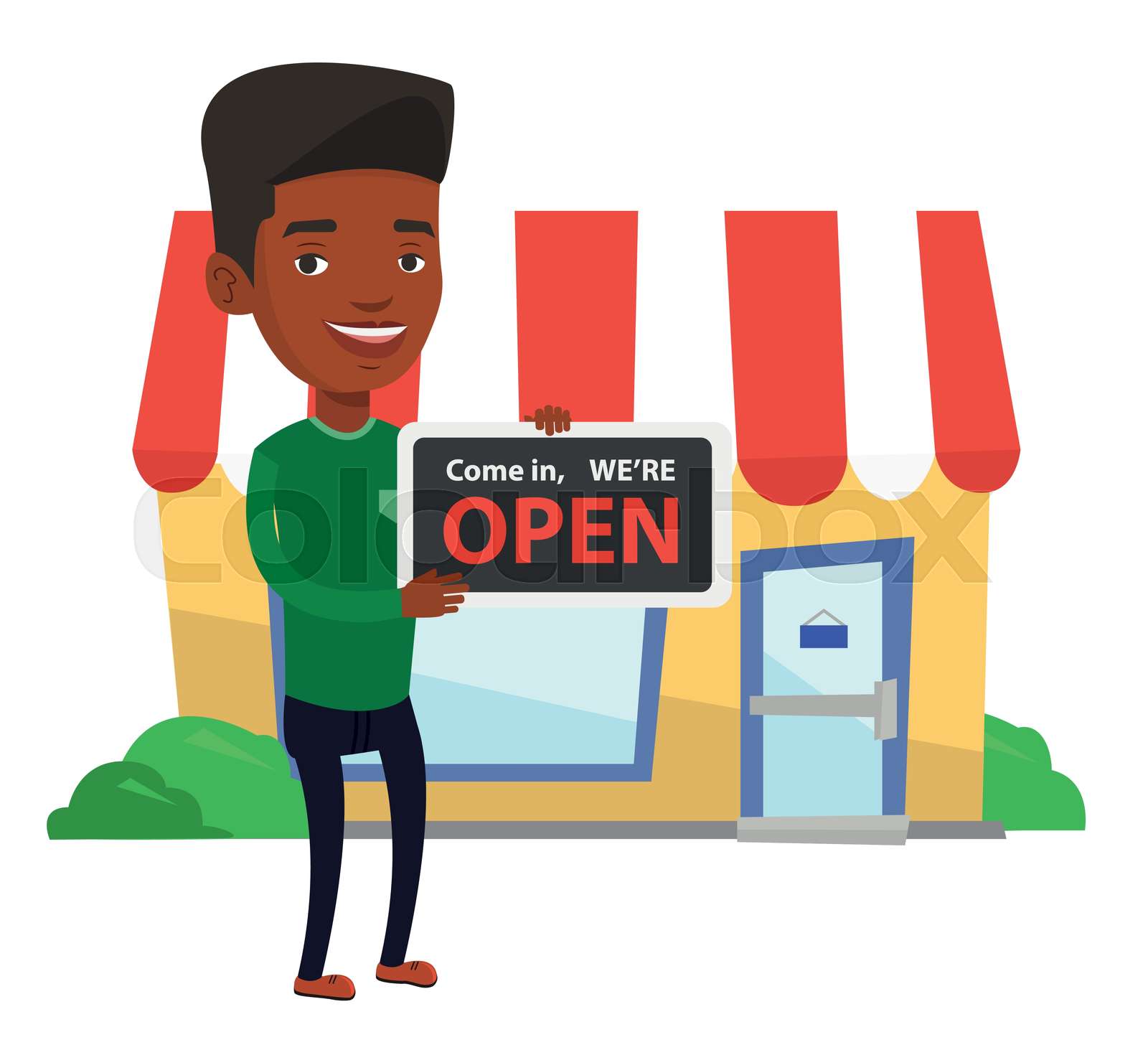 African shop owner holding open signboard. | Stock vector | Colourbox
