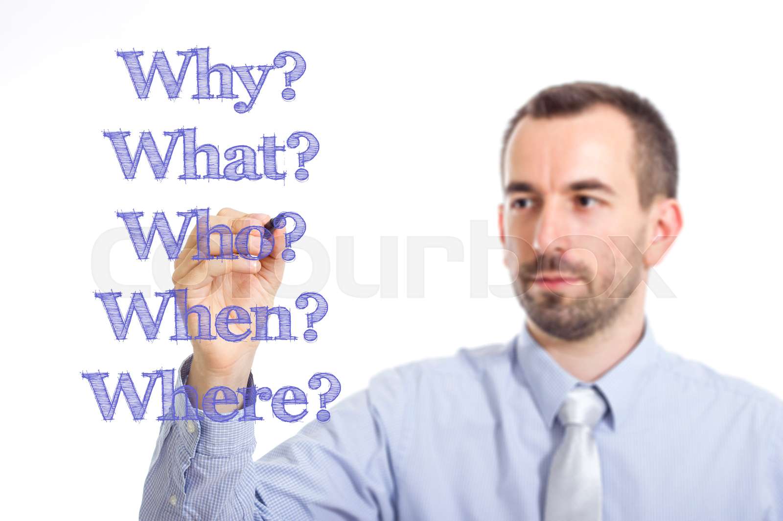 Why? What? Who? When? Where? - Young businessman writing blue text on ...
