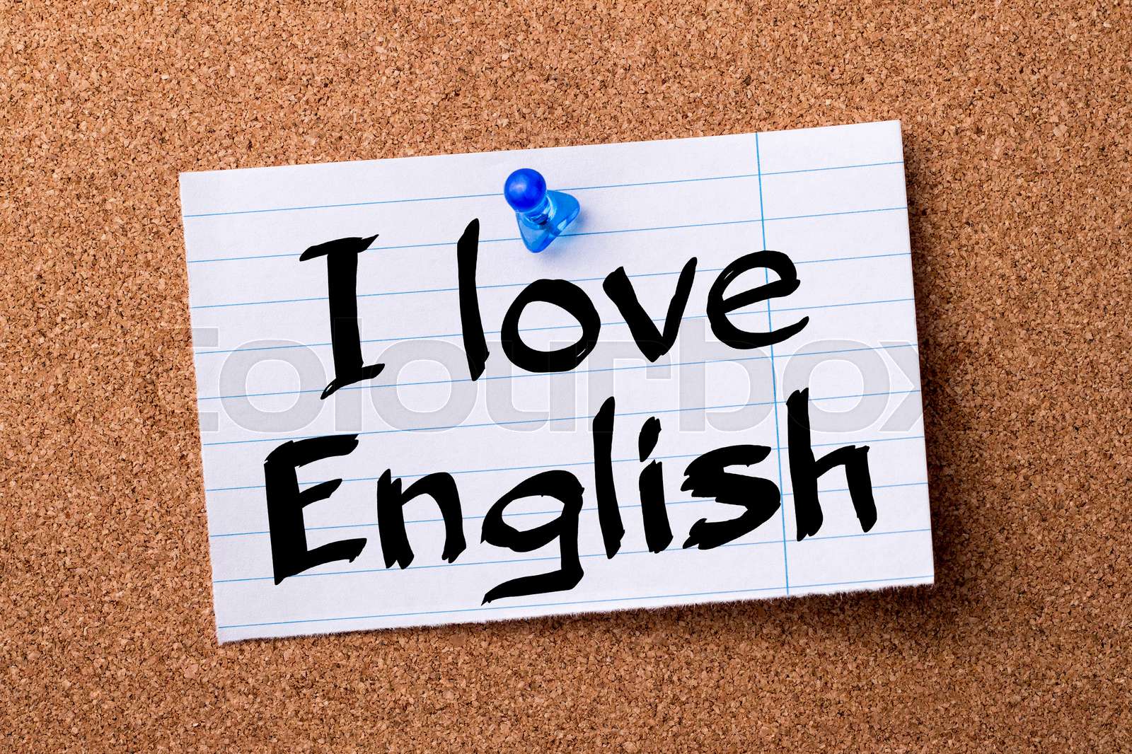 I love English - teared note paper pinned on bulletin board | Stock ...