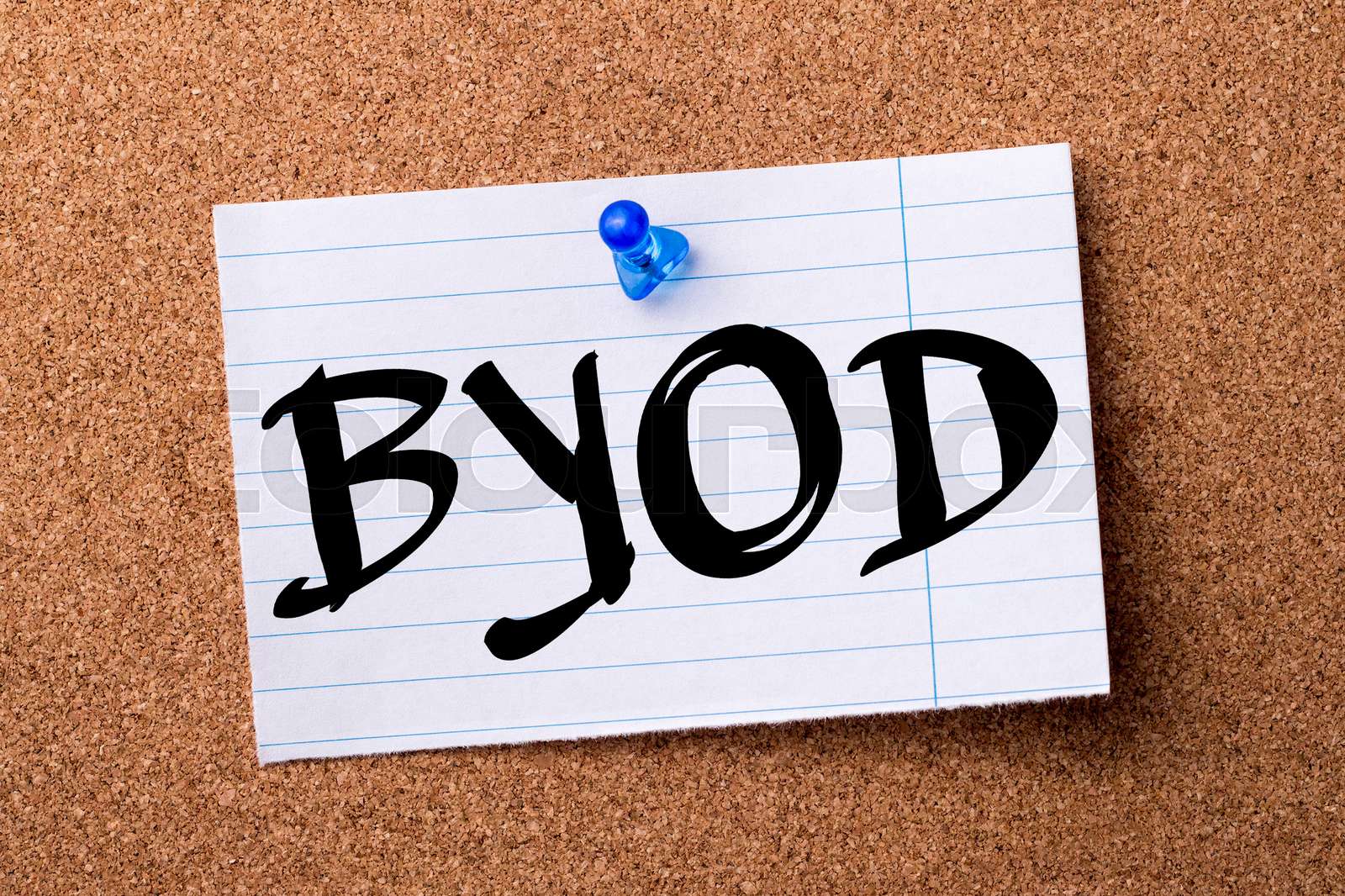 BYOD - teared note paper pinned on bulletin board | Stock image | Colourbox