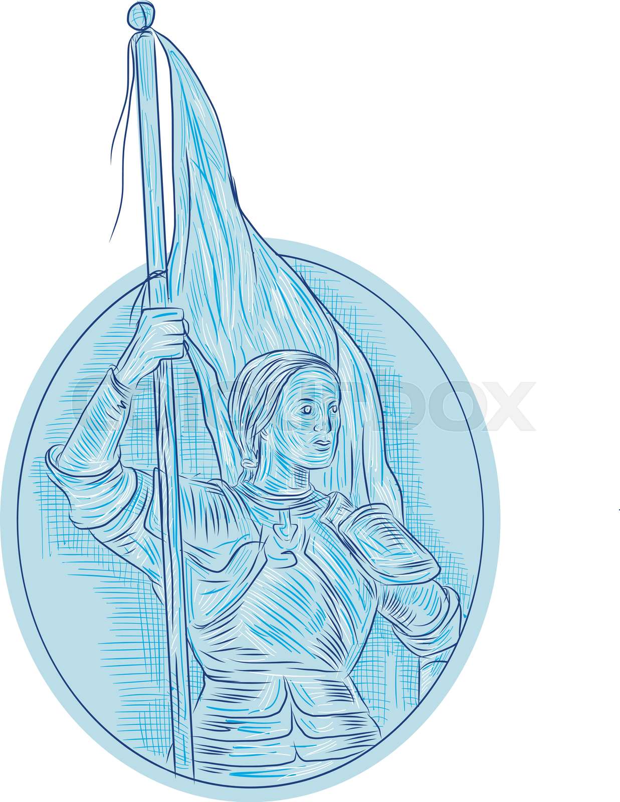 Joan of Arc Holding Flag Oval Drawing | Stock vector | Colourbox