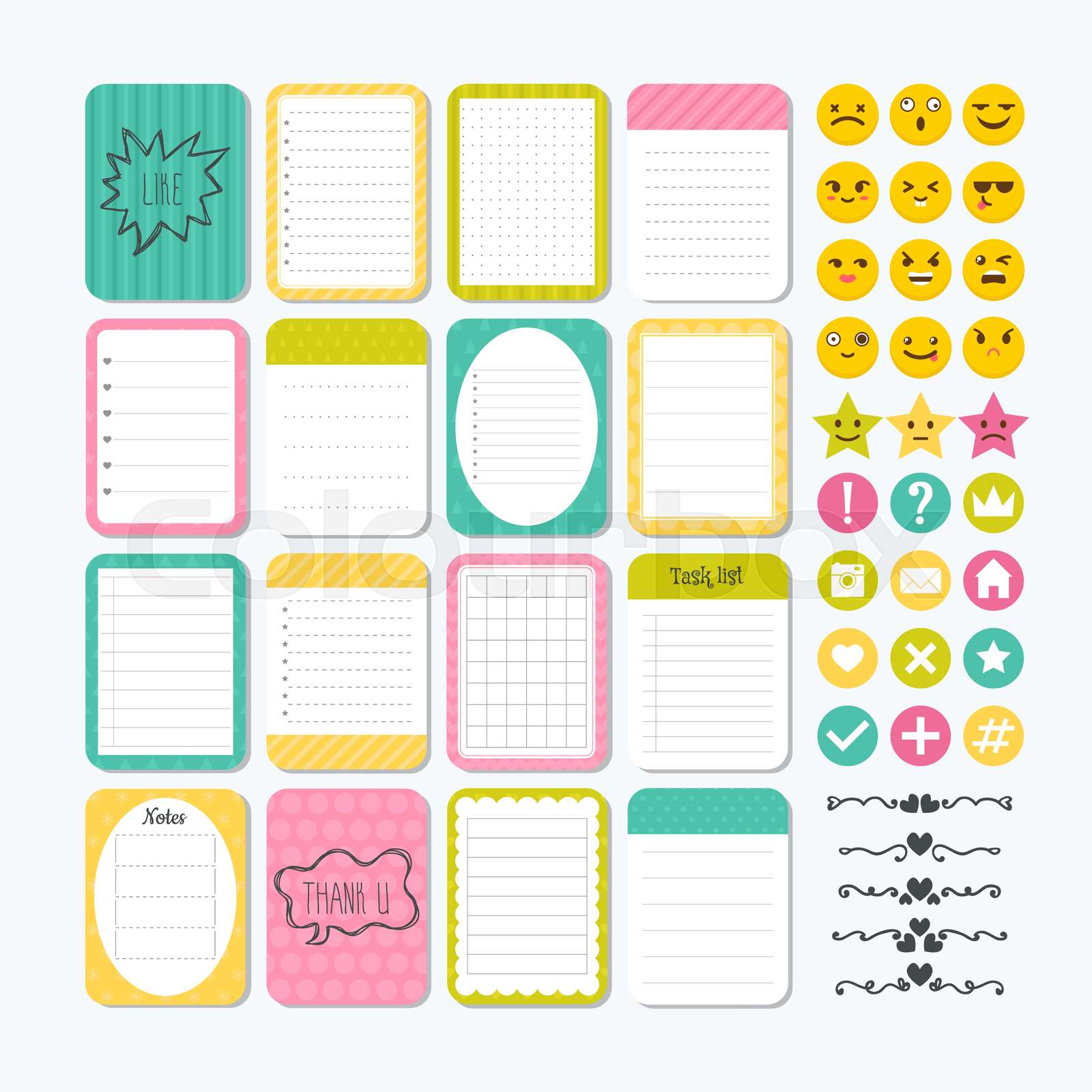 Template for notebooks. Cute design elements. Notes, labels, stickers