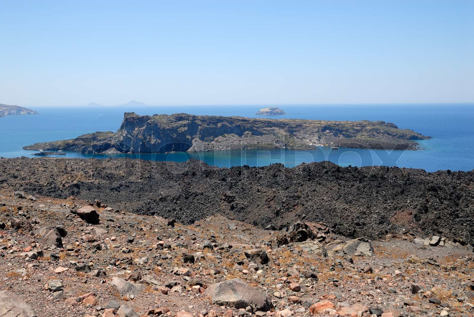 Volcanic islands Nea Kameni, Palea Kameni and Aspronisi in Greece