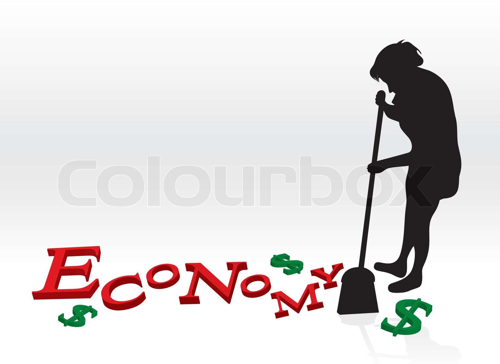 A woman cleaning up the bad economy by sweeping up the letters and