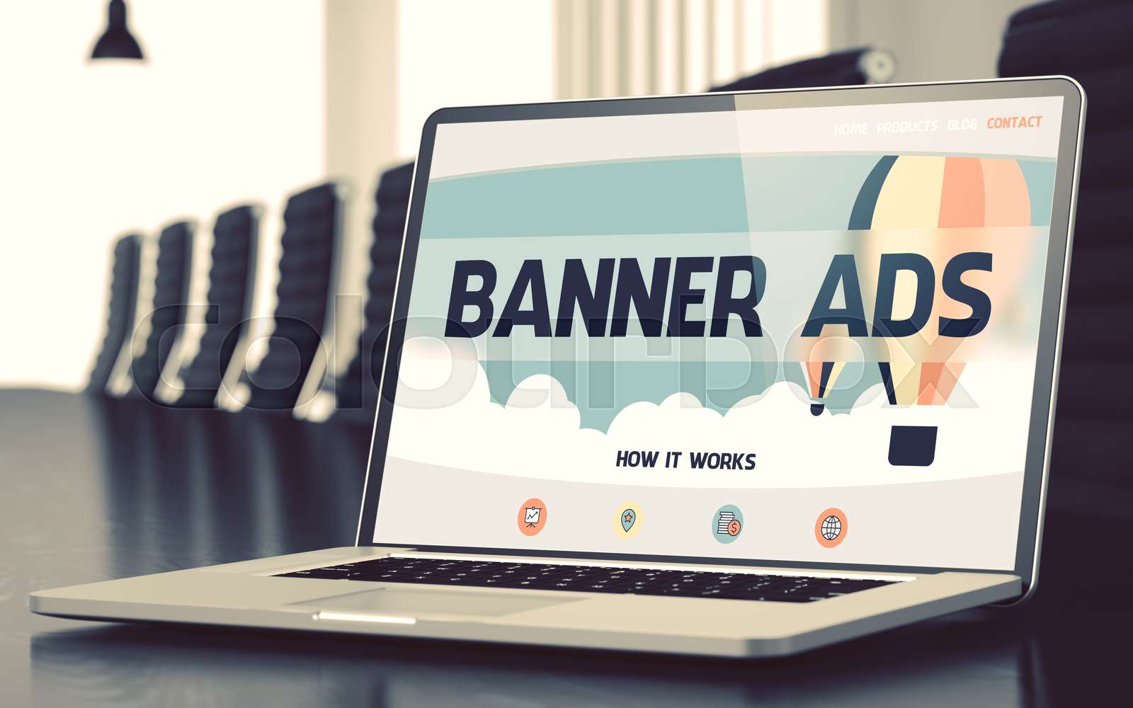 Banner Ads on Laptop in Conference Room. 3d. | Stock image | Colourbox