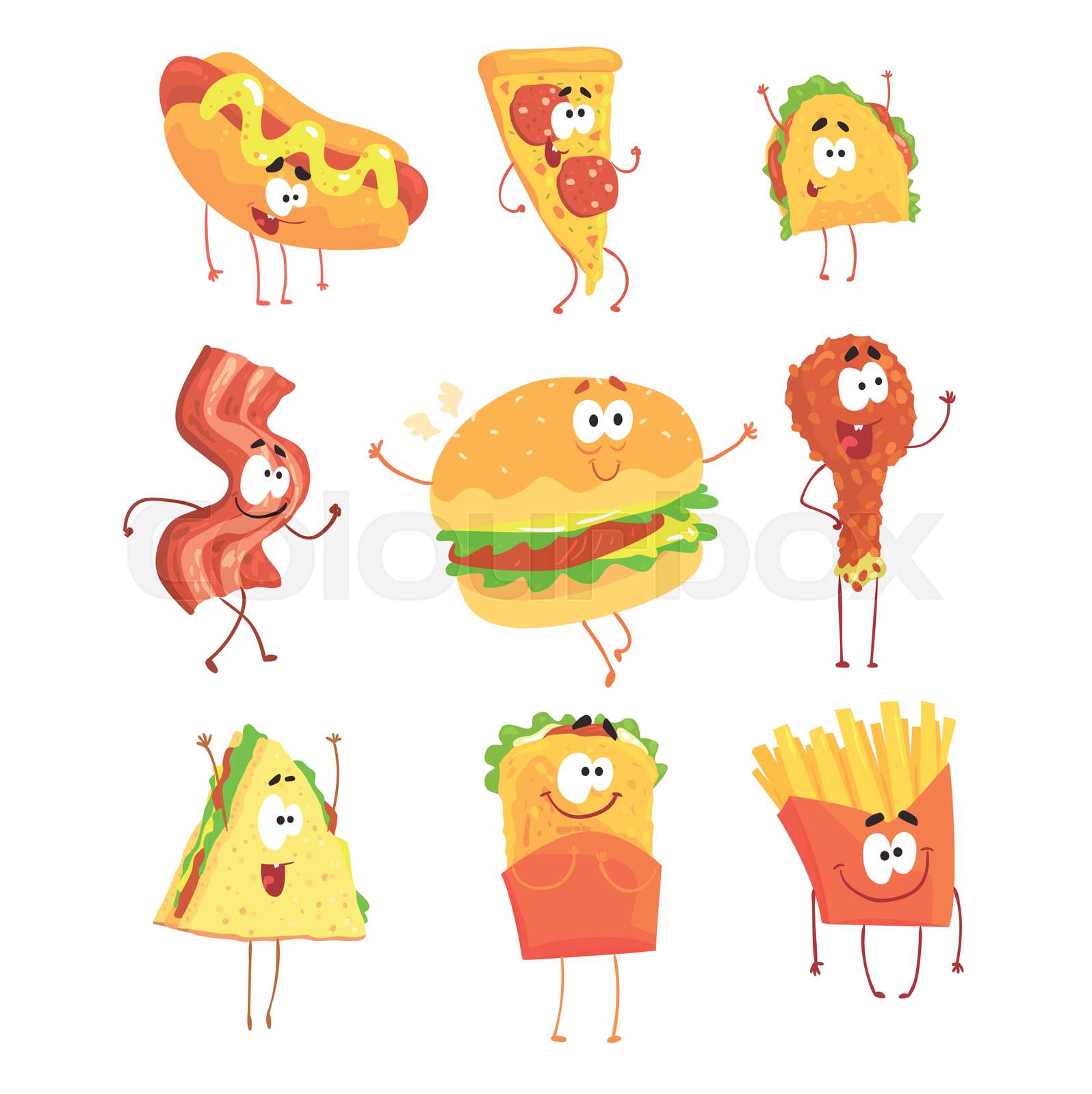 Funny fast food, set for label design. Cartoon detailed Illustrations