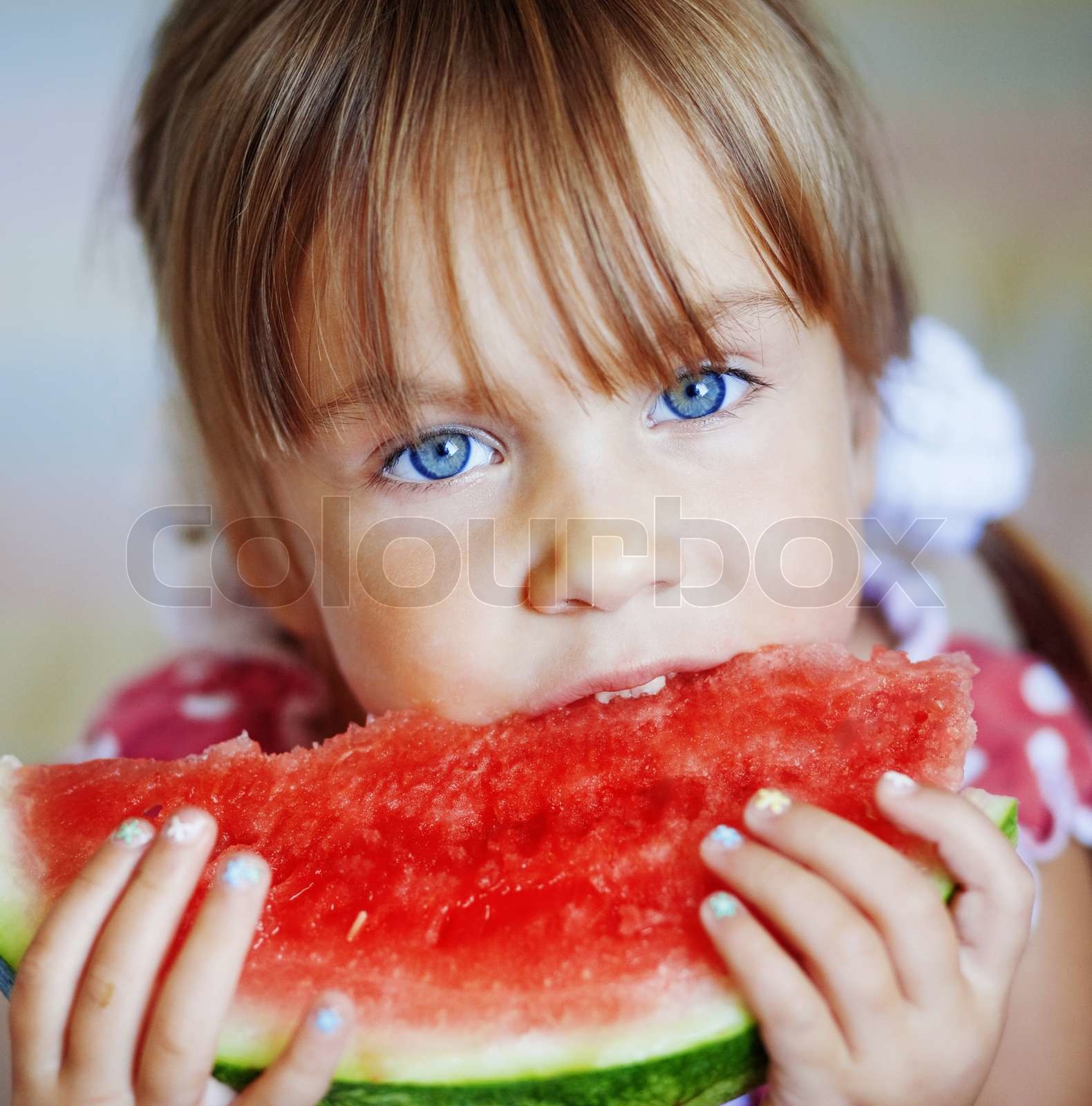 Funny barn spiser vandmelon closeup | Stock foto | Colourbox