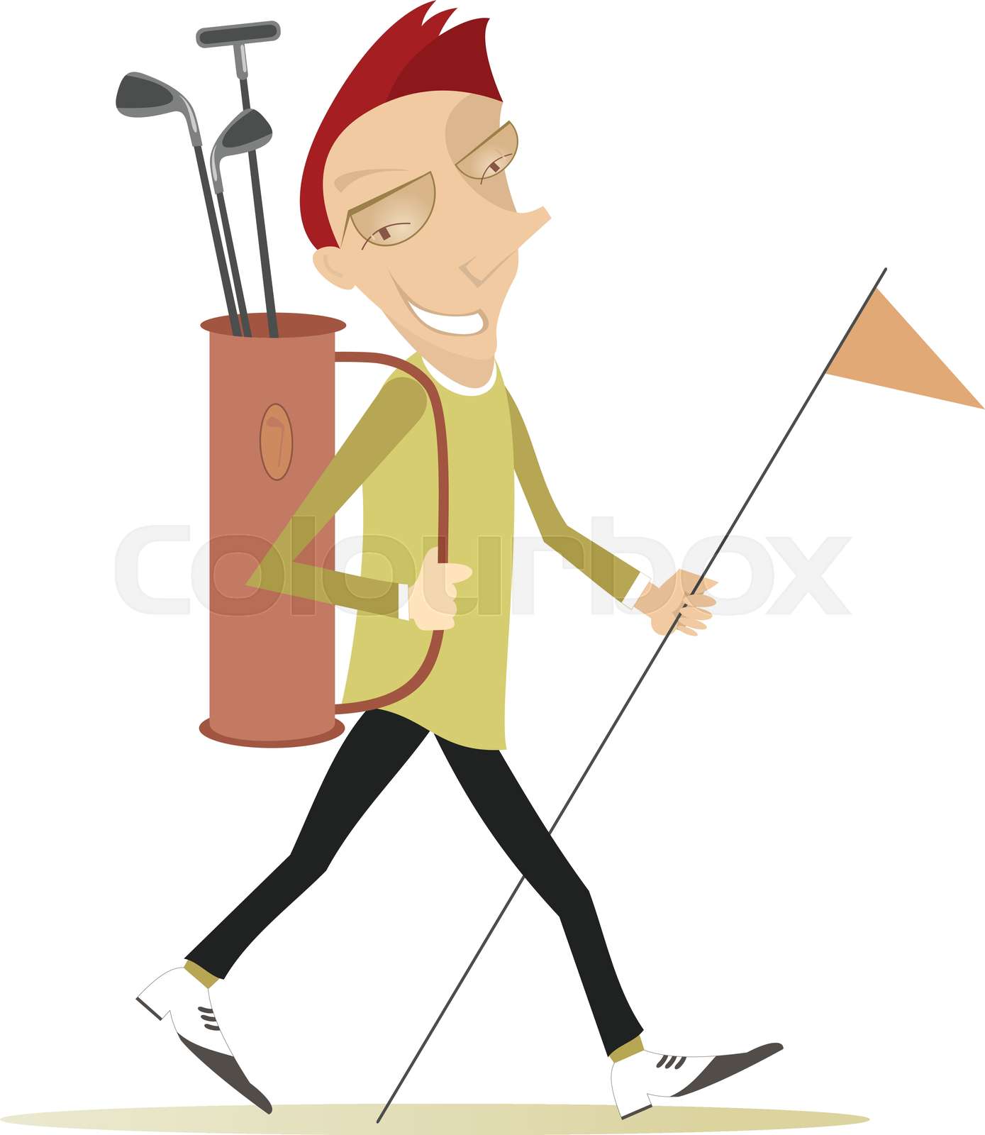 Comic happy golfer with a golf bag goes to play golf isolated Stock