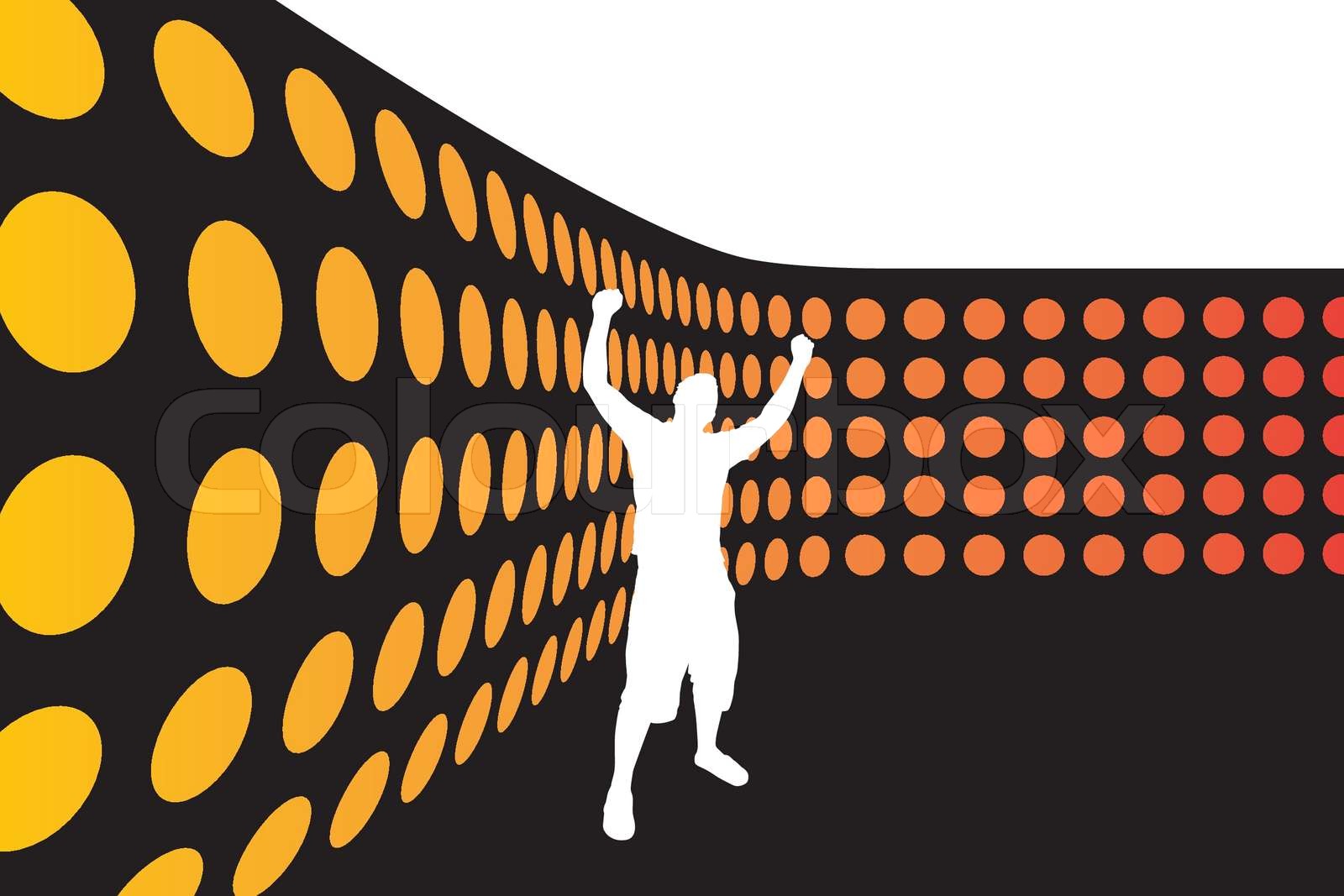 A silhouette of a man with his arms up in the air standing by a wall of ...