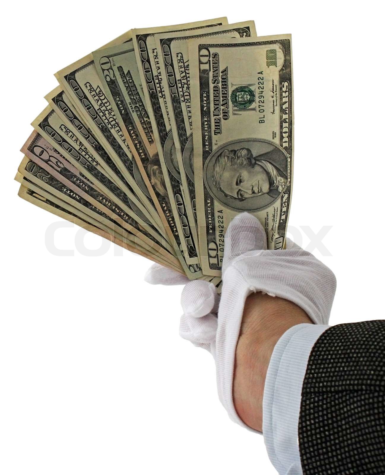 hand in white gloves holding money Stock image Colourbox