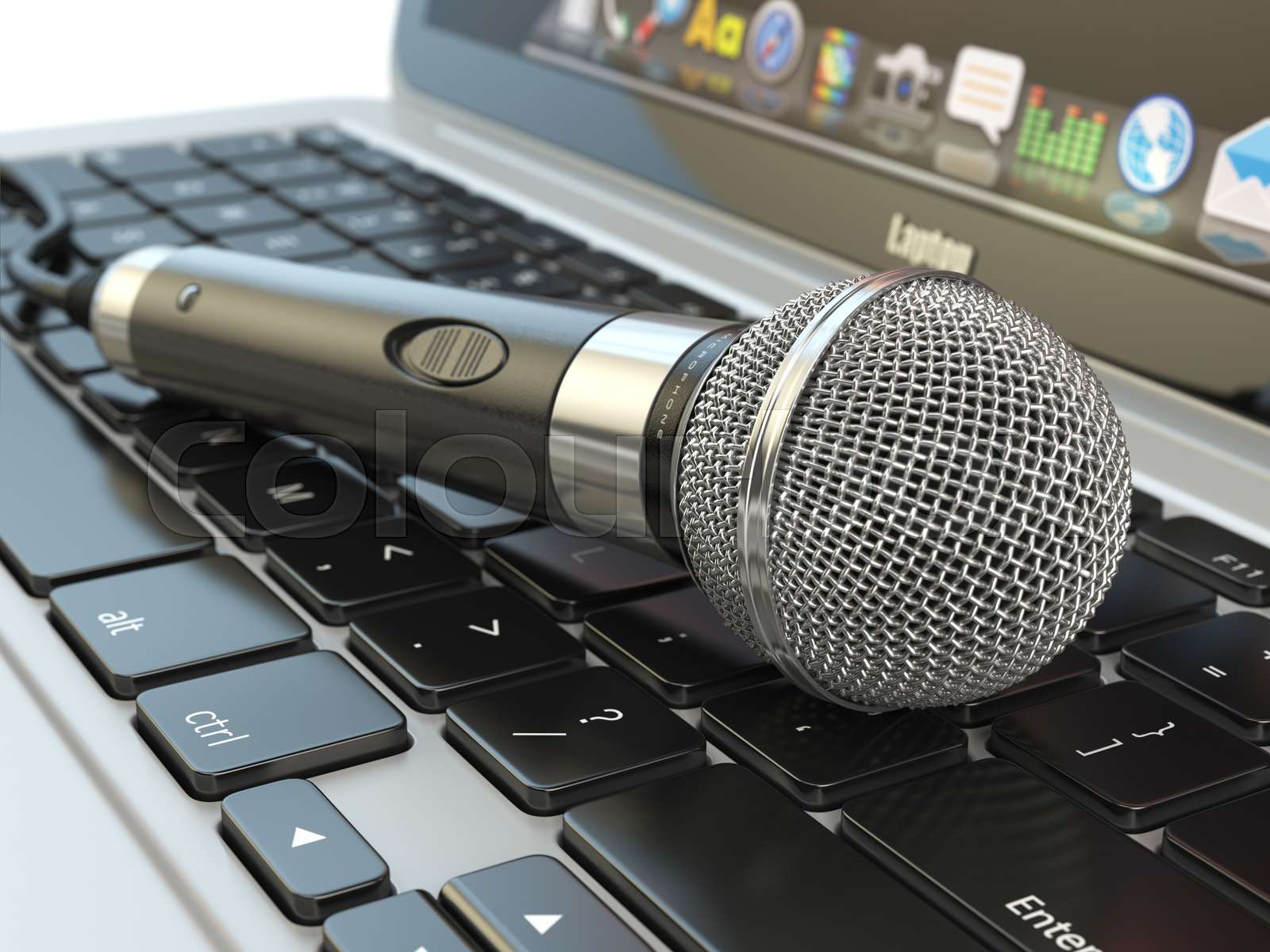 Microphone on the laptop keyboard. Digital audio music software or