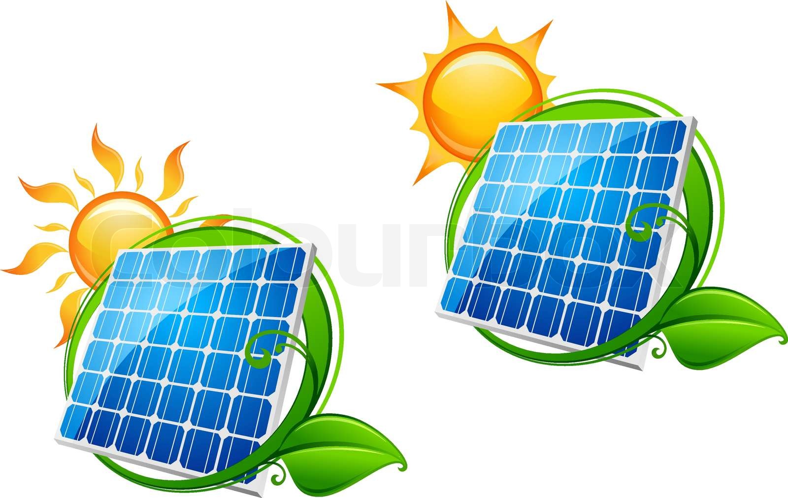 Solar energy panel icon with sun and green leaves for ecology or ...