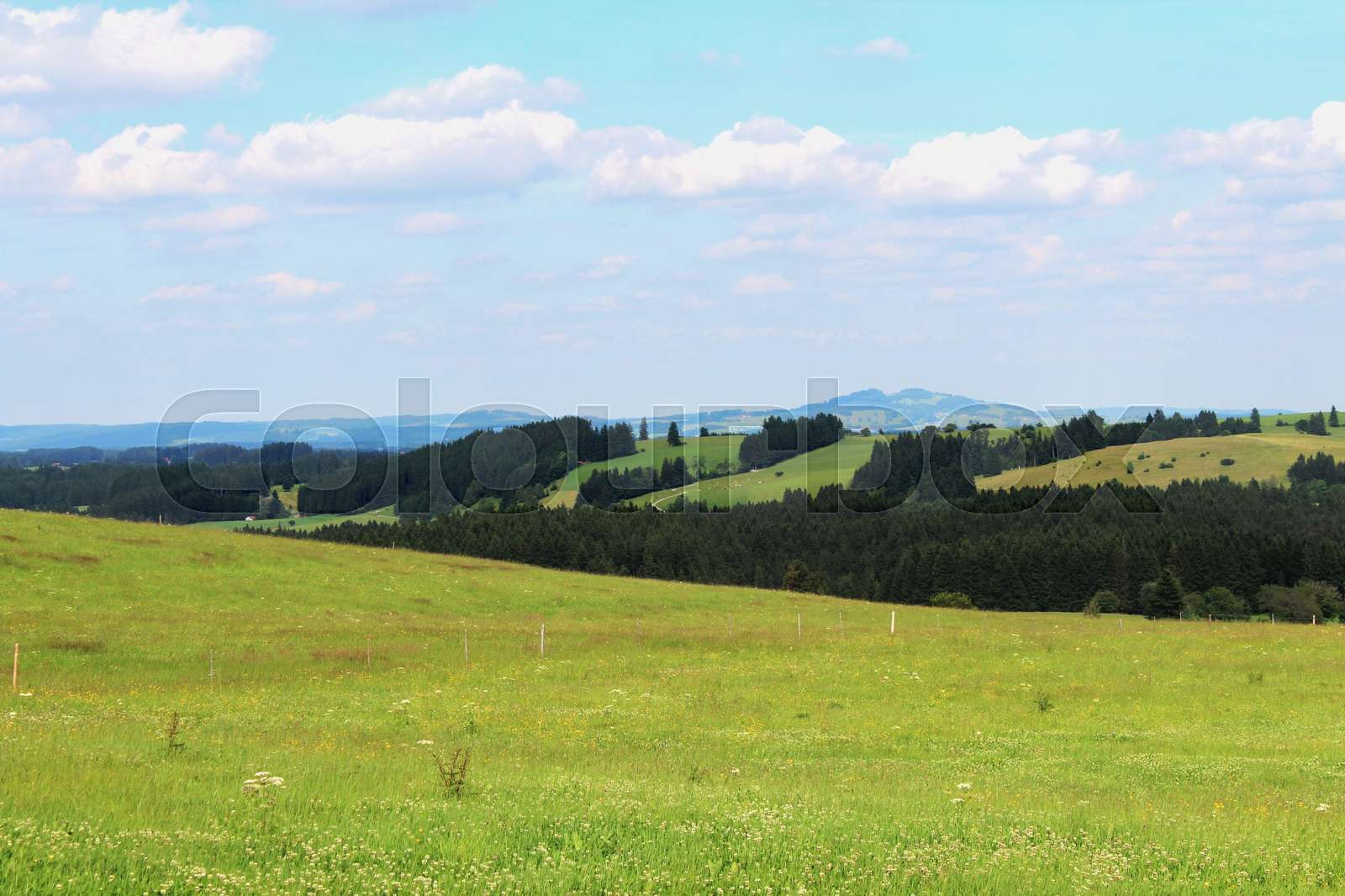 Blick über Wiesen und Weiden auf den Auerberg, Allgäu Stock Bild