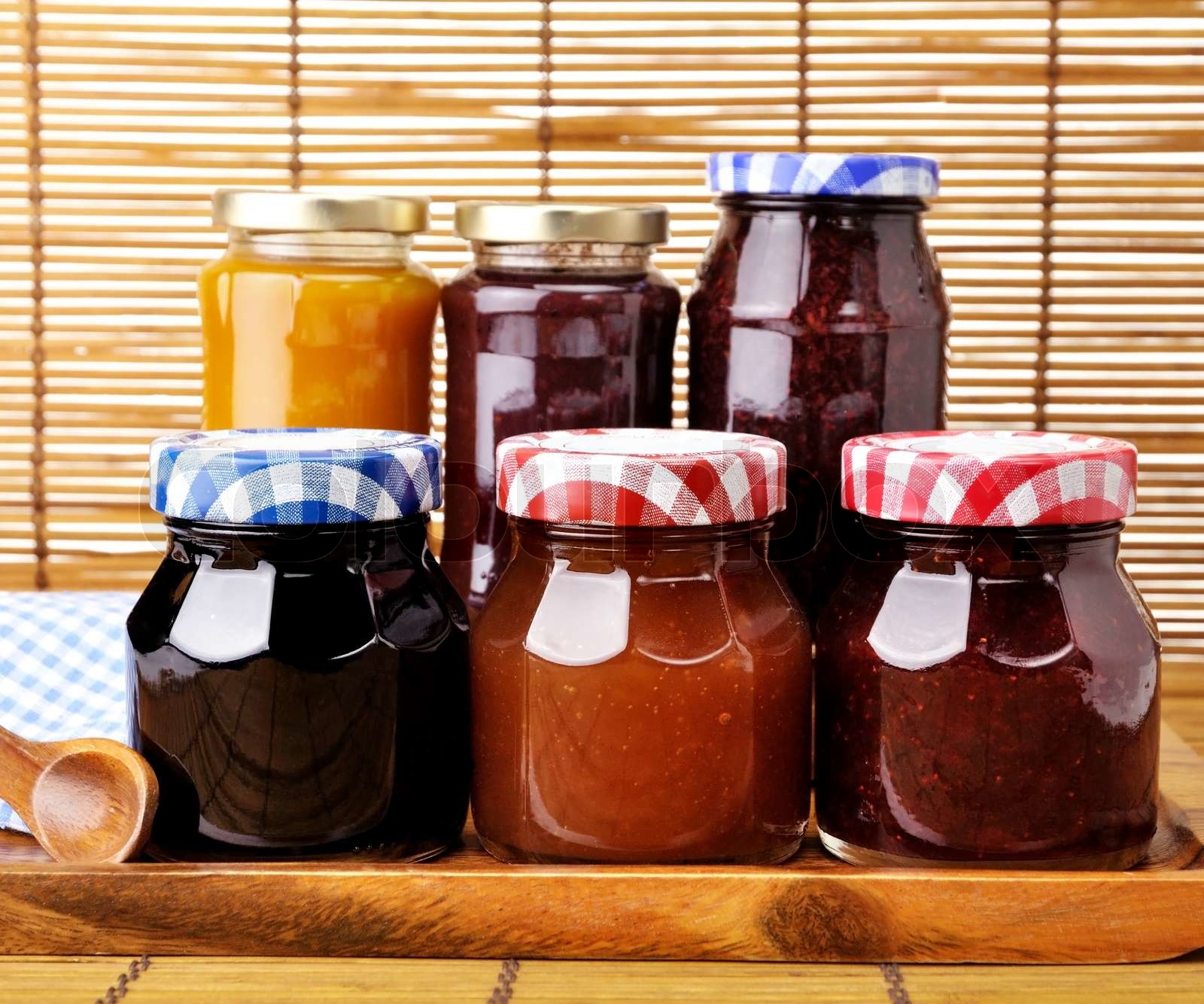 assortment of jam in the glass jars Stock image Colourbox